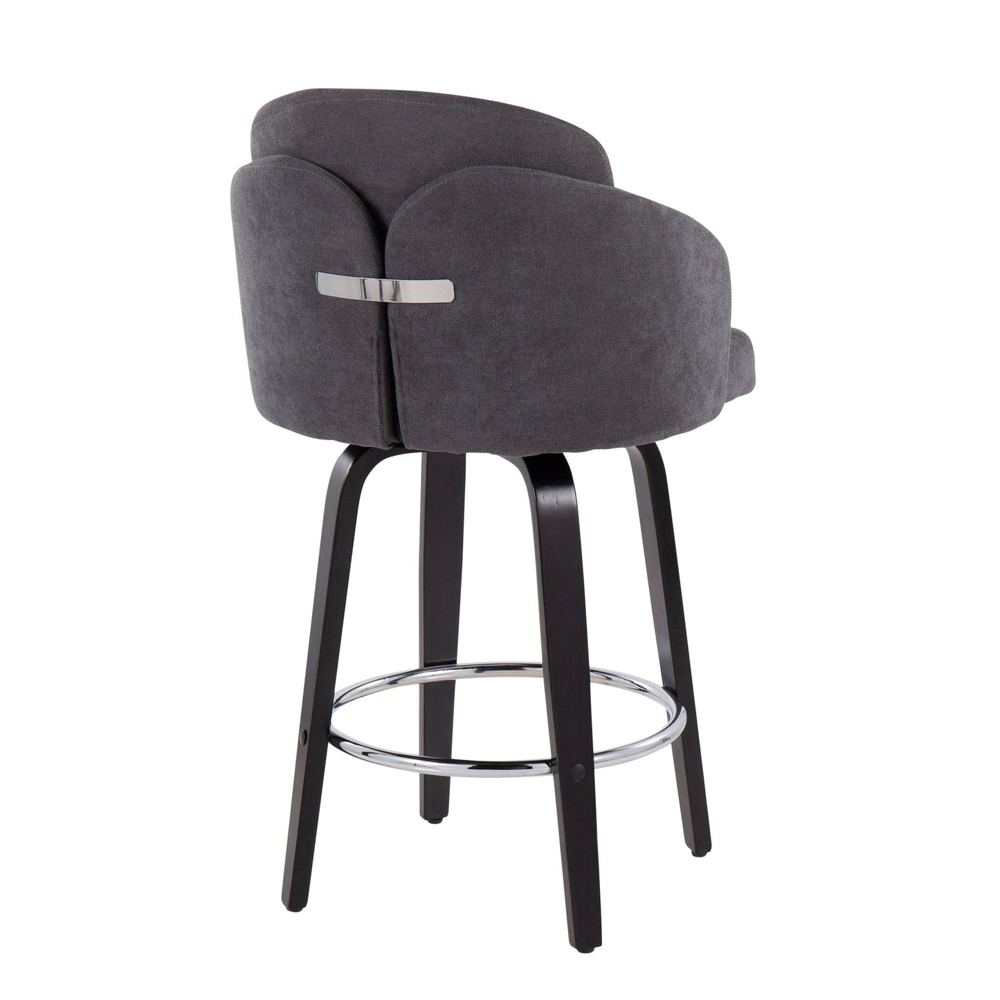 The Dahlia Contemporary Counter Stool features a curved dark gray upholstered backrest, black wooden legs, a circular chrome footrest, and a metallic accent. The image shows the set of 2 stools angled to highlight the back and side details.