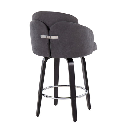 The Dahlia Contemporary Counter Stool features a curved dark gray upholstered backrest, black wooden legs, a circular chrome footrest, and a metallic accent. The image shows the set of 2 stools angled to highlight the back and side details.