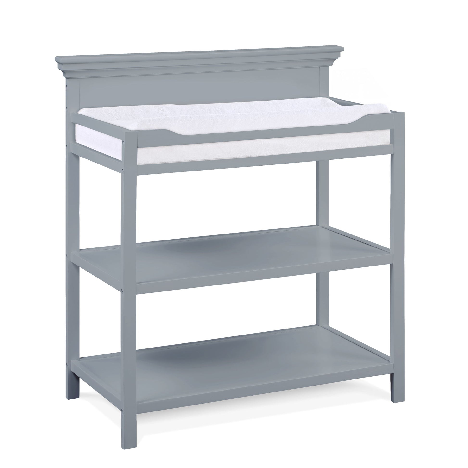 The Universal - Changing Table features a gray wooden design with two open lower shelves and a white cushioned changing pad on top.