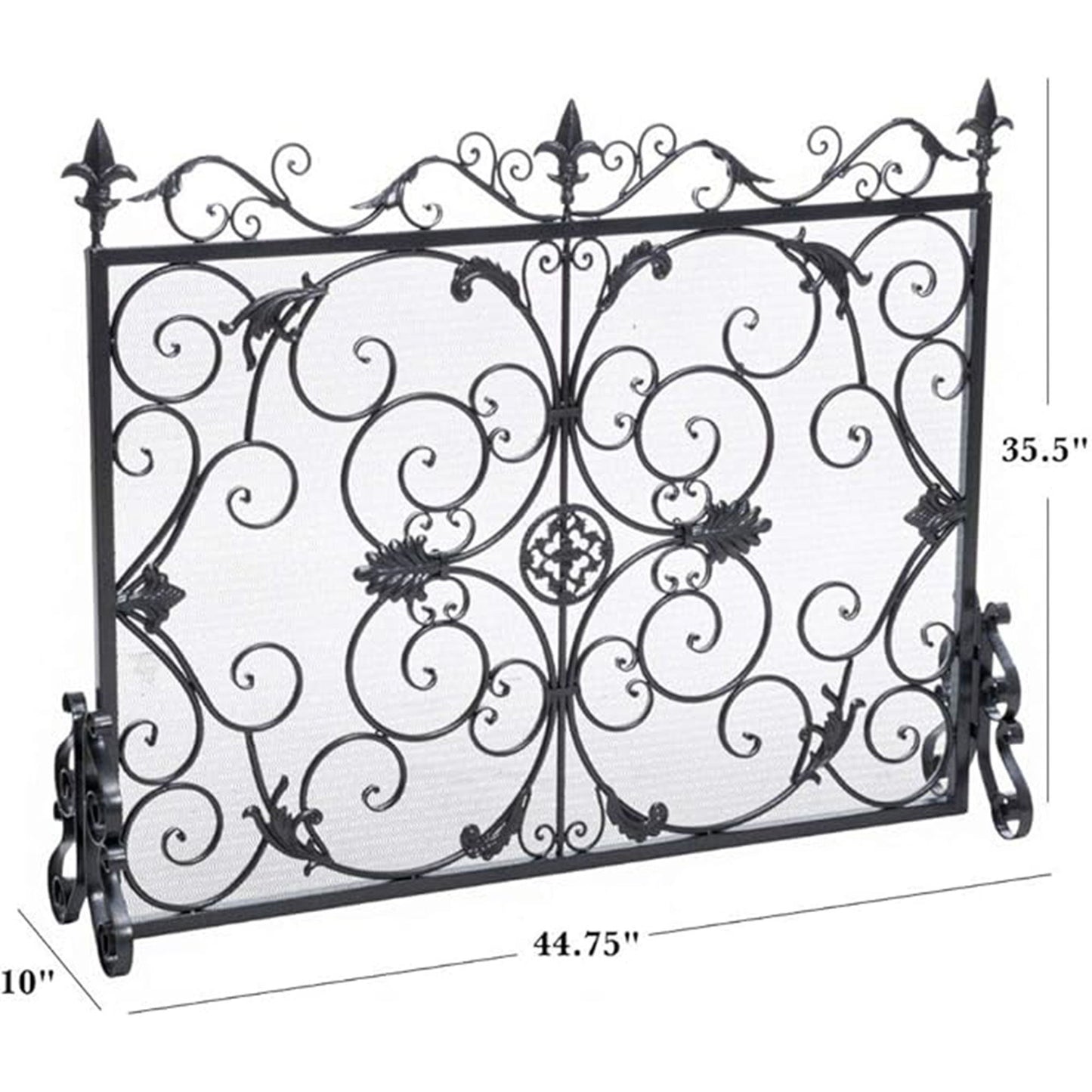 The Darcie Wrought Fireplace Screen features ornate scrollwork and leaf designs with decorative feet. Measures approx. 44.75" W x 35.5" H x 10" D.