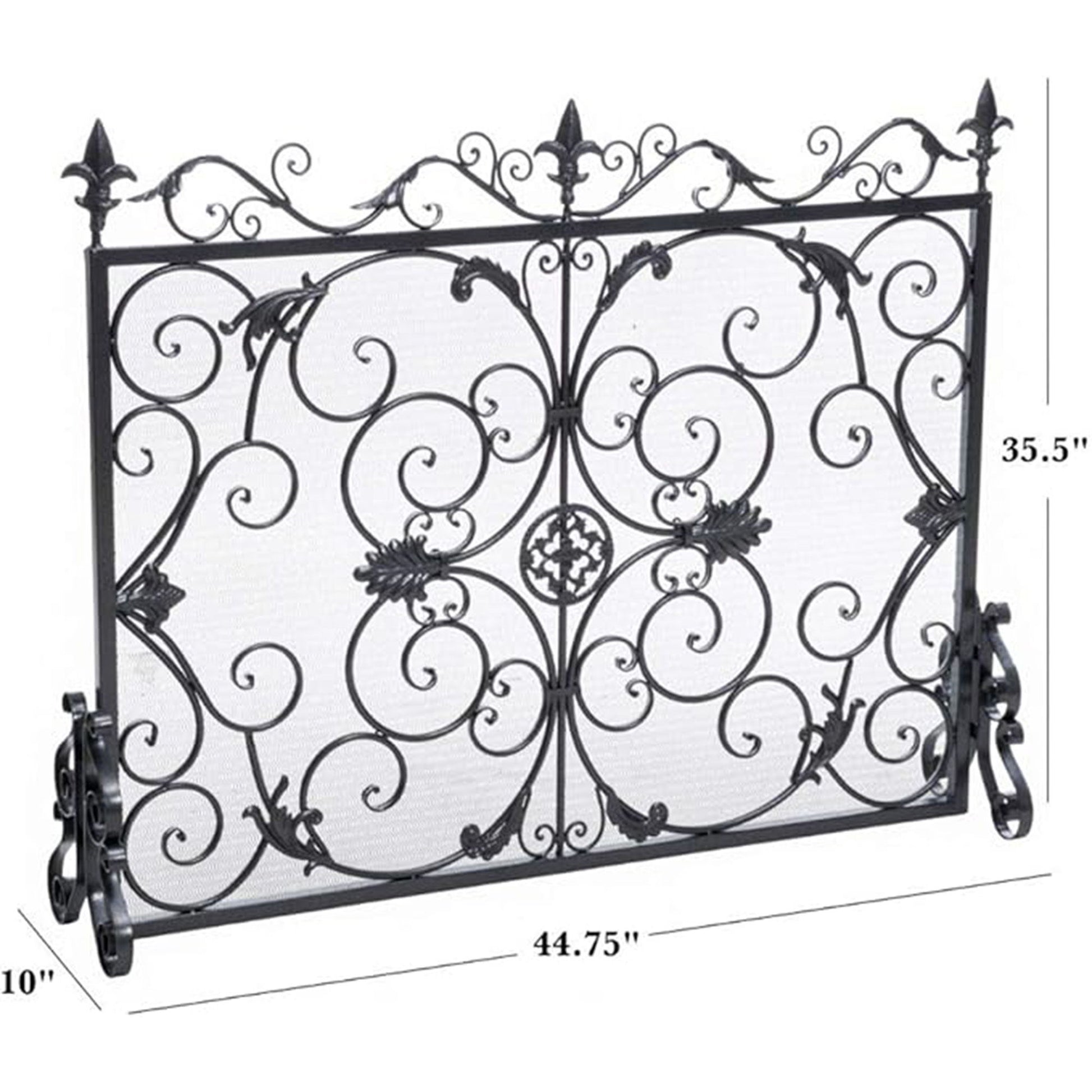 The Darcie Wrought Fireplace Screen features ornate scrollwork and leaf designs with decorative feet. Measures approx. 44.75" W x 35.5" H x 10" D.