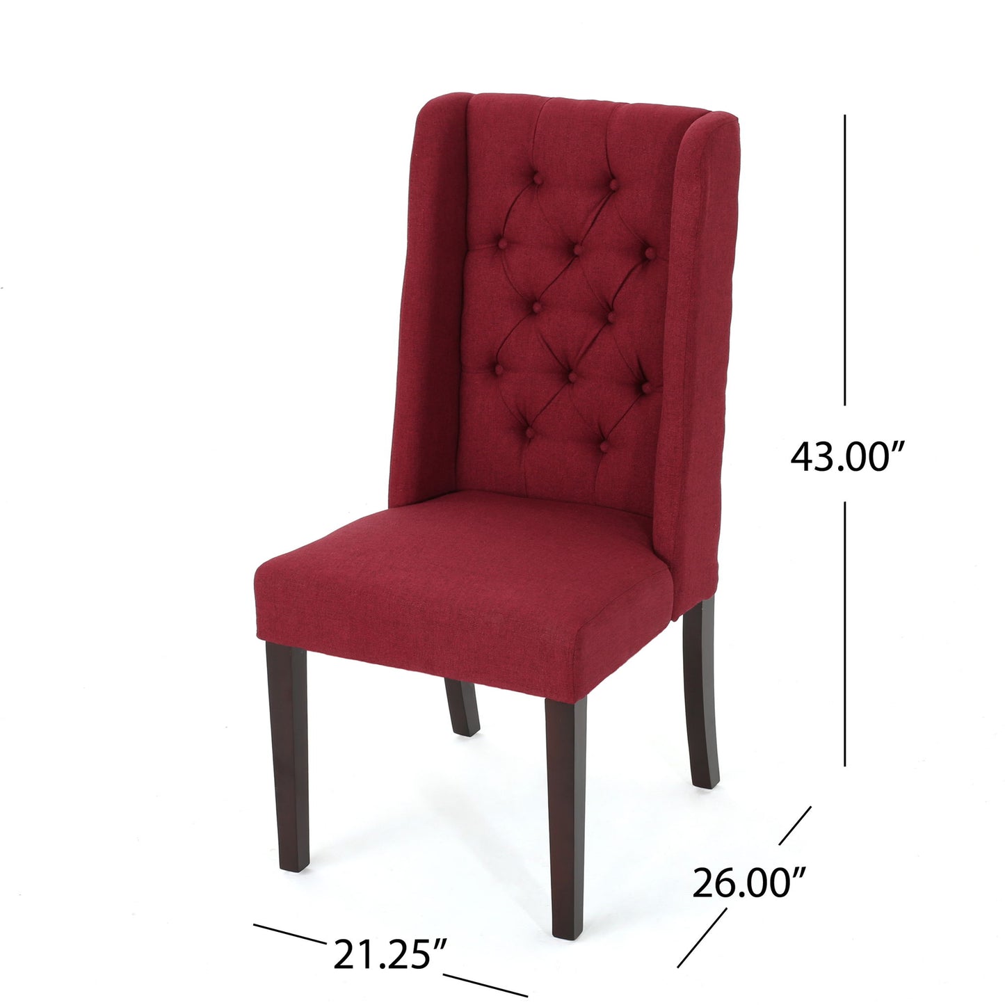 The Sophisticated Tufted Dining Chair With High Back Design features red upholstery, a button-tufted backrest, dark wooden legs, and measures 43" H x 26" D x 21.25" W.
