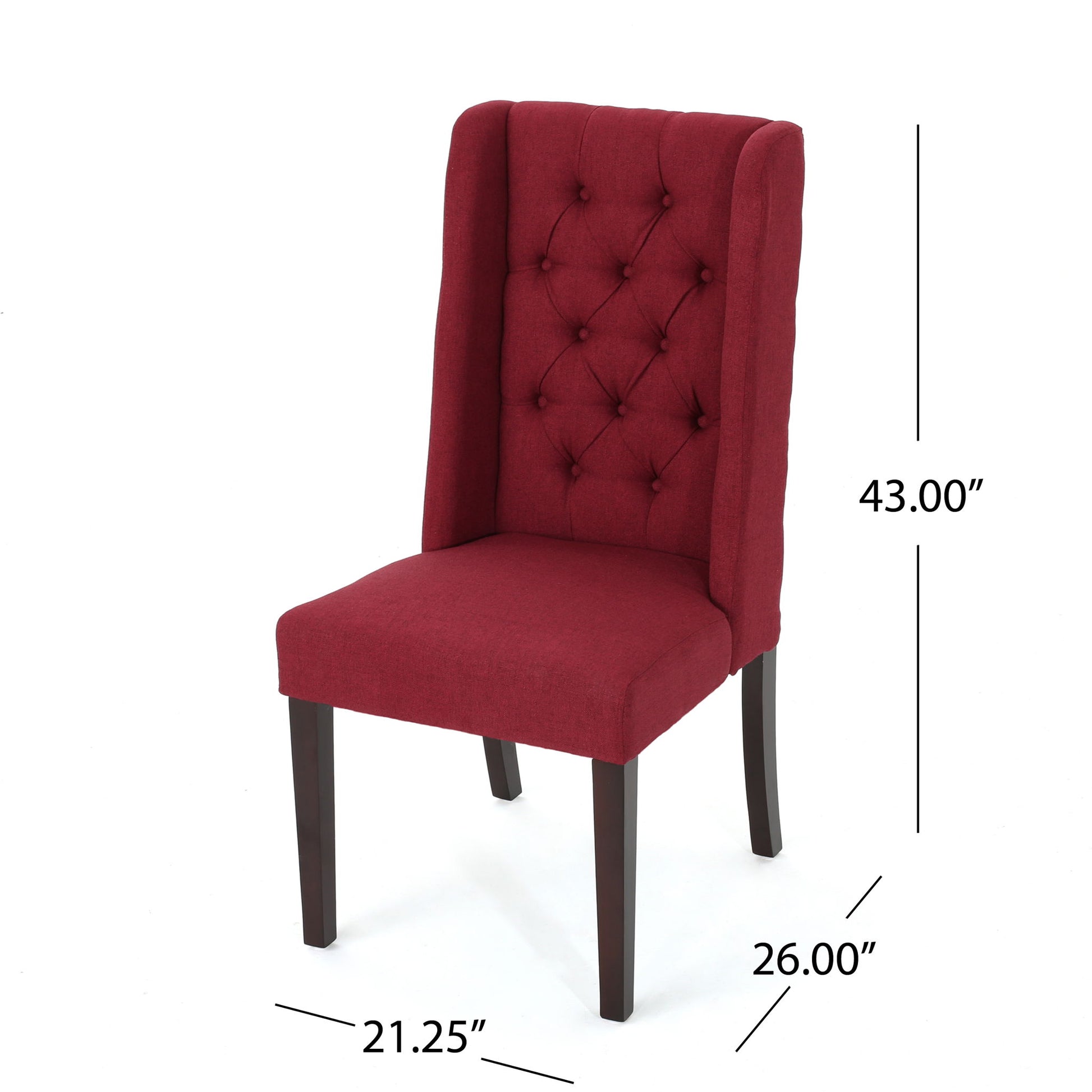 The Sophisticated Tufted Dining Chair With High Back Design features red upholstery, a button-tufted backrest, dark wooden legs, and measures 43" H x 26" D x 21.25" W.