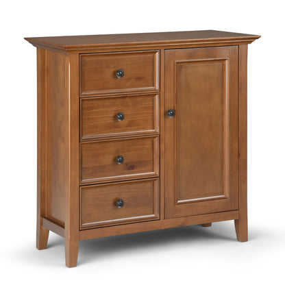 The Amherst - Handcrafted Medium Storage Cabinet features four left-side drawers, a right-side door with round black knobs, a smooth polished finish, and stands on four short legs.