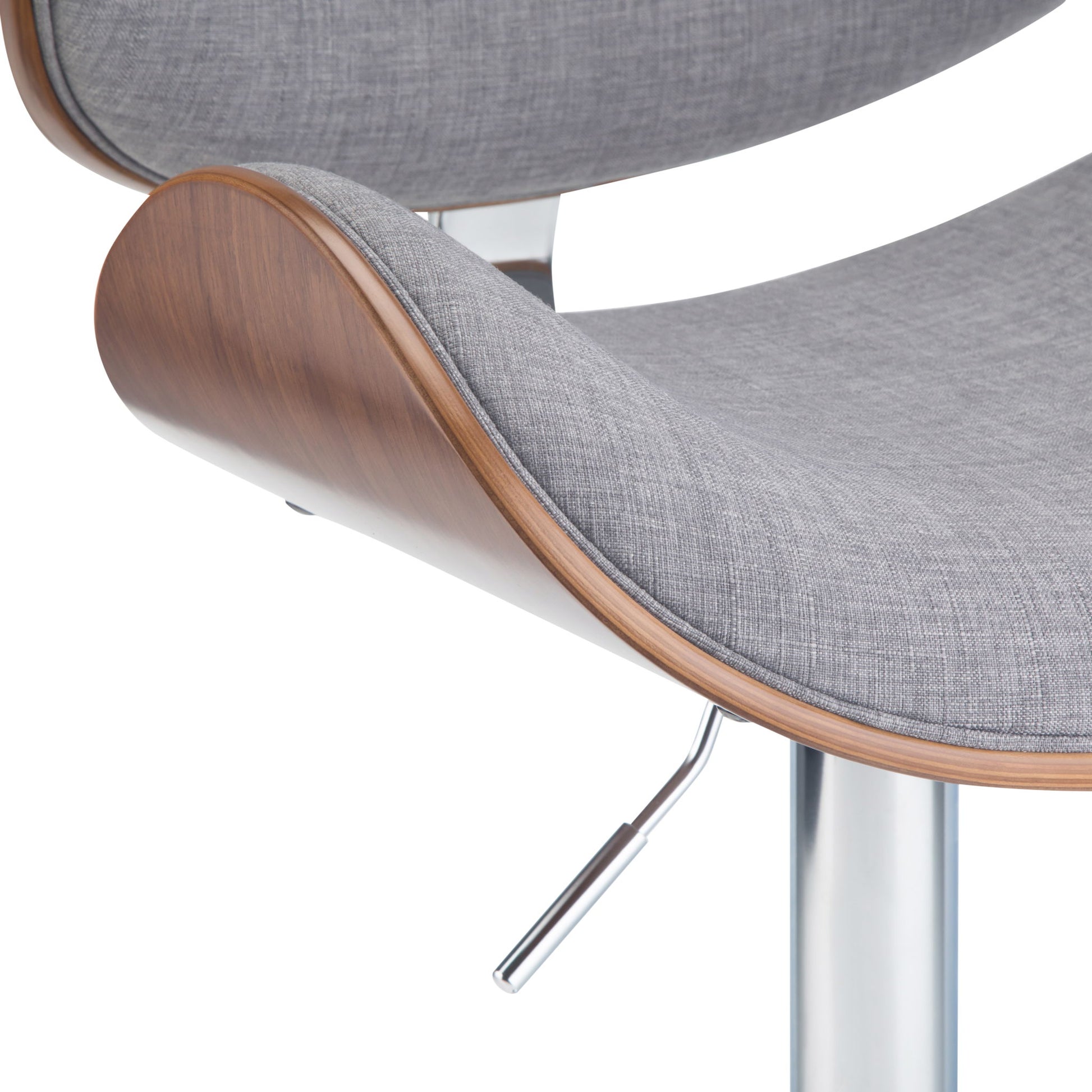 Close-up of the Marana - Multifunctional Handcrafted Bentwood Adjustable Swivel Bar Stool, featuring a curved wooden frame, light grey upholstered seat and backrest, and a metal lever beneath for height adjustment.