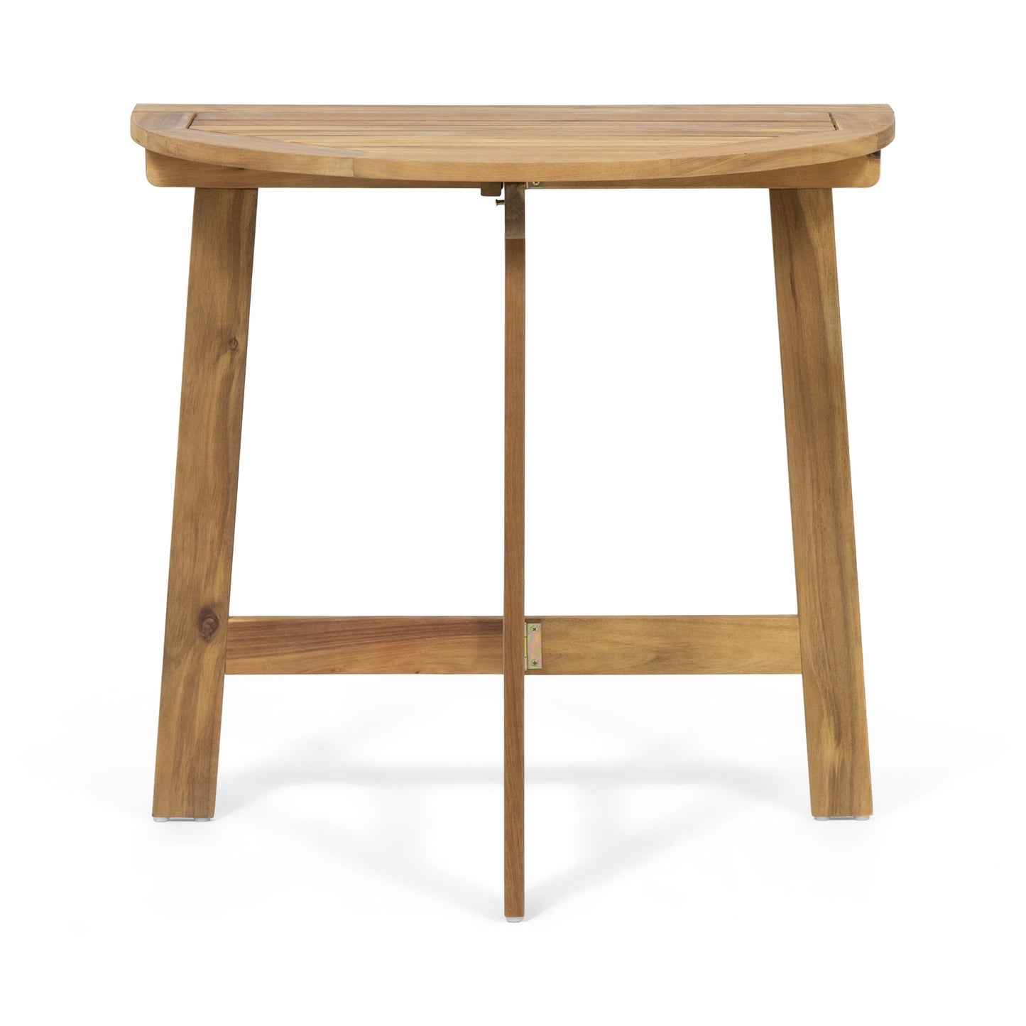 The Outdoor Half Round Folding Acacia Wood Bistro Table features a natural wood finish, minimalist design, and sturdy construction. Its half-round shape is perfect for outdoor spaces, and it is shown against a white background.