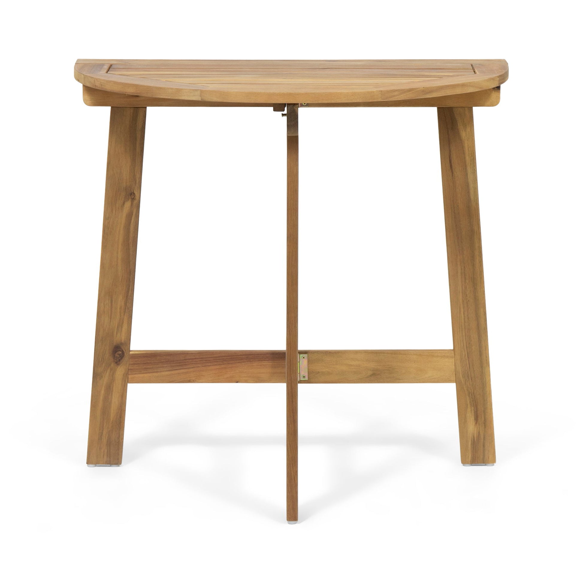 The Outdoor Half Round Folding Acacia Wood Bistro Table features a natural wood finish, minimalist design, and sturdy construction. Its half-round shape is perfect for outdoor spaces, and it is shown against a white background.