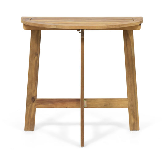 The Outdoor Half Round Folding Acacia Wood Bistro Table features a natural wood finish, minimalist design, and sturdy construction. Its half-round shape is perfect for outdoor spaces, and it is shown against a white background.