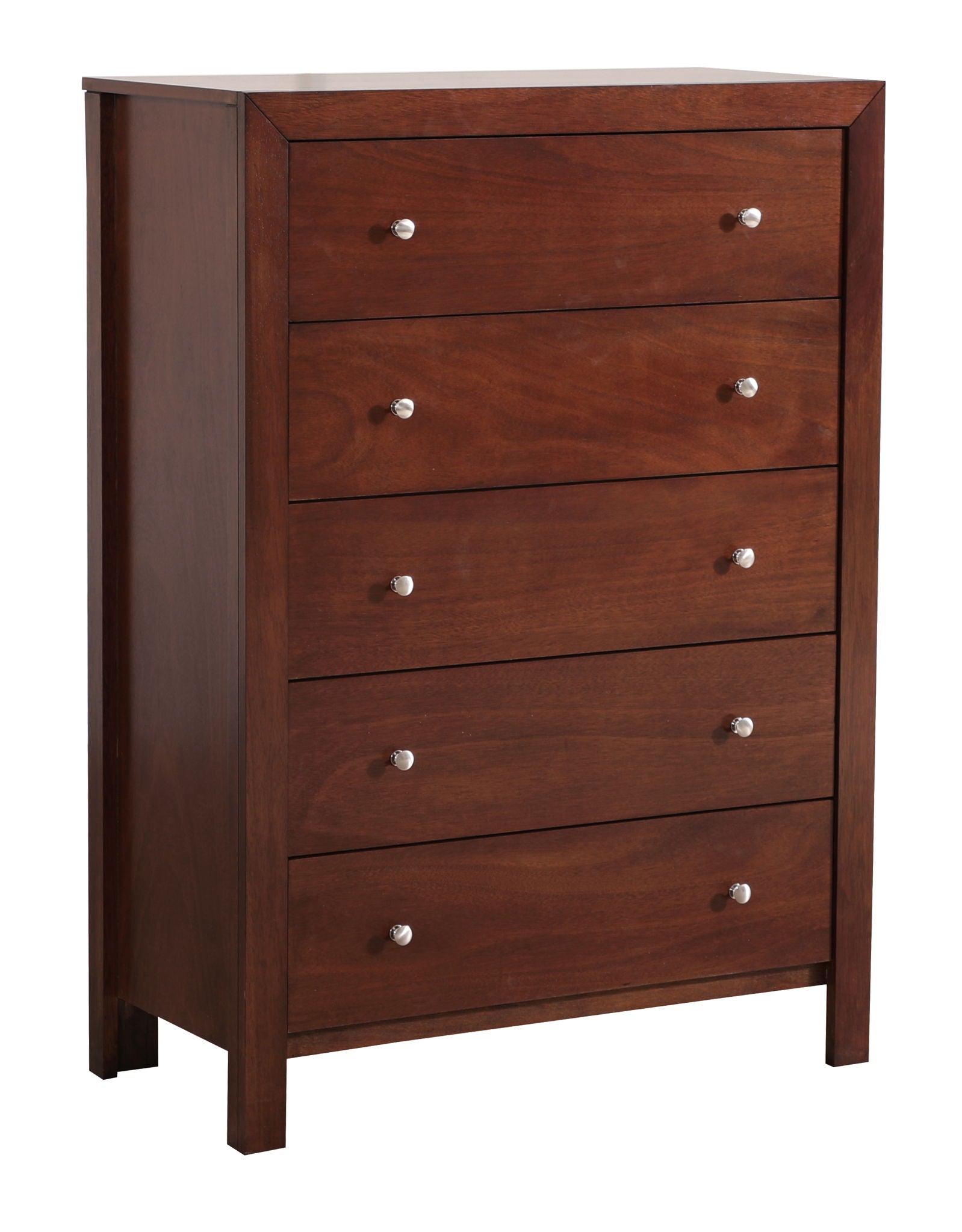 The Modern Elegant Transitional Storage Chest is a tall, dark wood dresser featuring five drawers with two small round metal knobs each and a simple, modern design with clean lines.