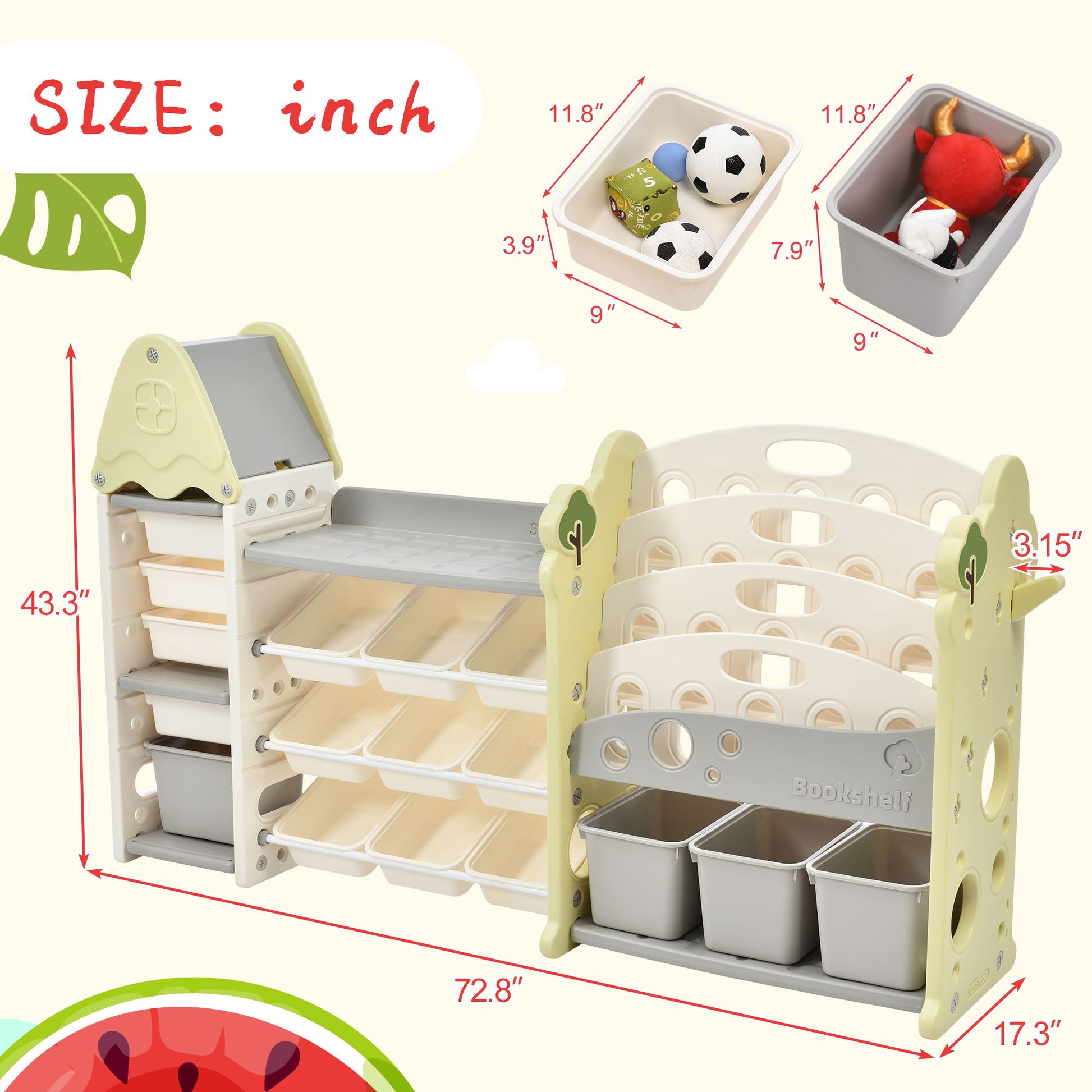 Kids Bookshelf Toy Storage Organizer has 17 bins and 5 bookshelves; ideal multi-functional nursery organizer. Measurements: organizer width 72.8", height 43.3", bin sizes 9" x 9" x 5.9" and 11.8" x 9" x 5.9".