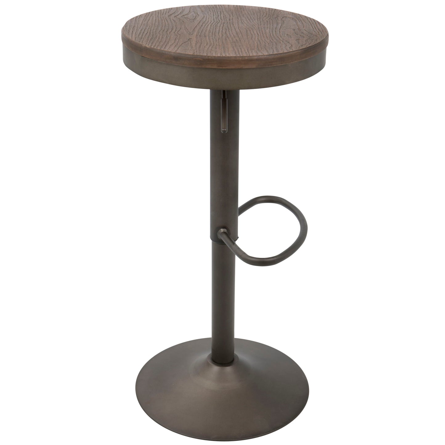 The Dakota Industrial Design Adjustable Barstool (Set of 2) features a round wooden seat, sturdy metal base with central support, circular footrest, and a wide flat bottom for stability.