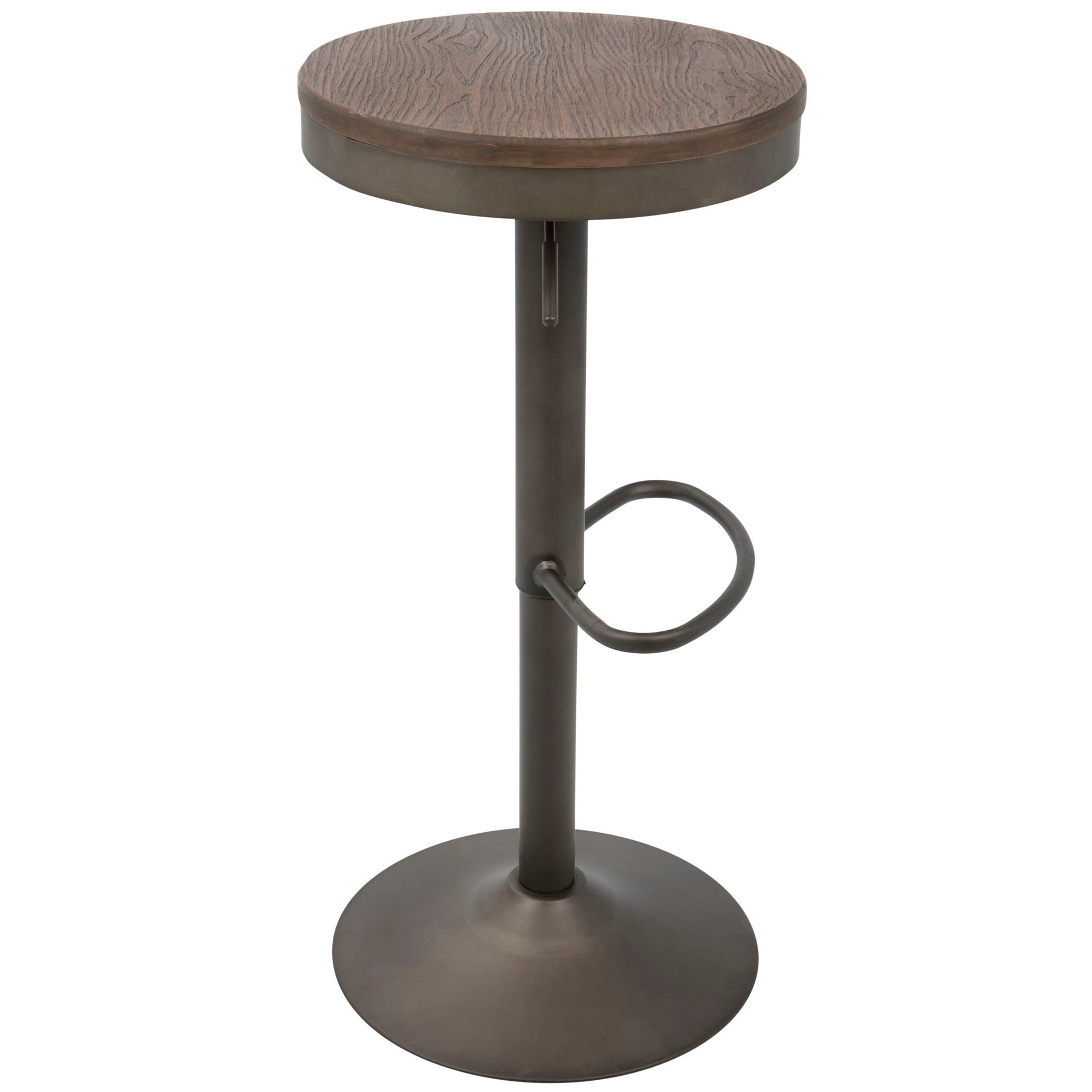 The Dakota Industrial Design Adjustable Barstool (Set of 2) features a round wooden seat, sturdy metal base with central support, circular footrest, and a wide flat bottom for stability.