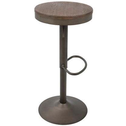 The Dakota Industrial Design Adjustable Barstool (Set of 2) features a round wooden seat, sturdy metal base with central support, circular footrest, and a wide flat bottom for stability.