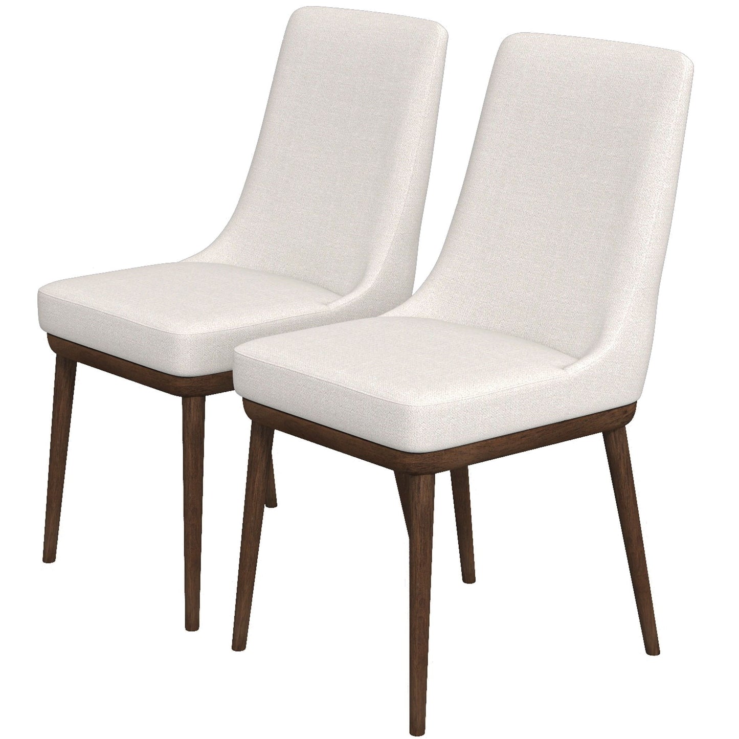 The Kate Mid-Century Modern Dining Chair set features two chairs with white upholstered seats and backs, plus dark brown wooden legs and frames, arranged side by side.