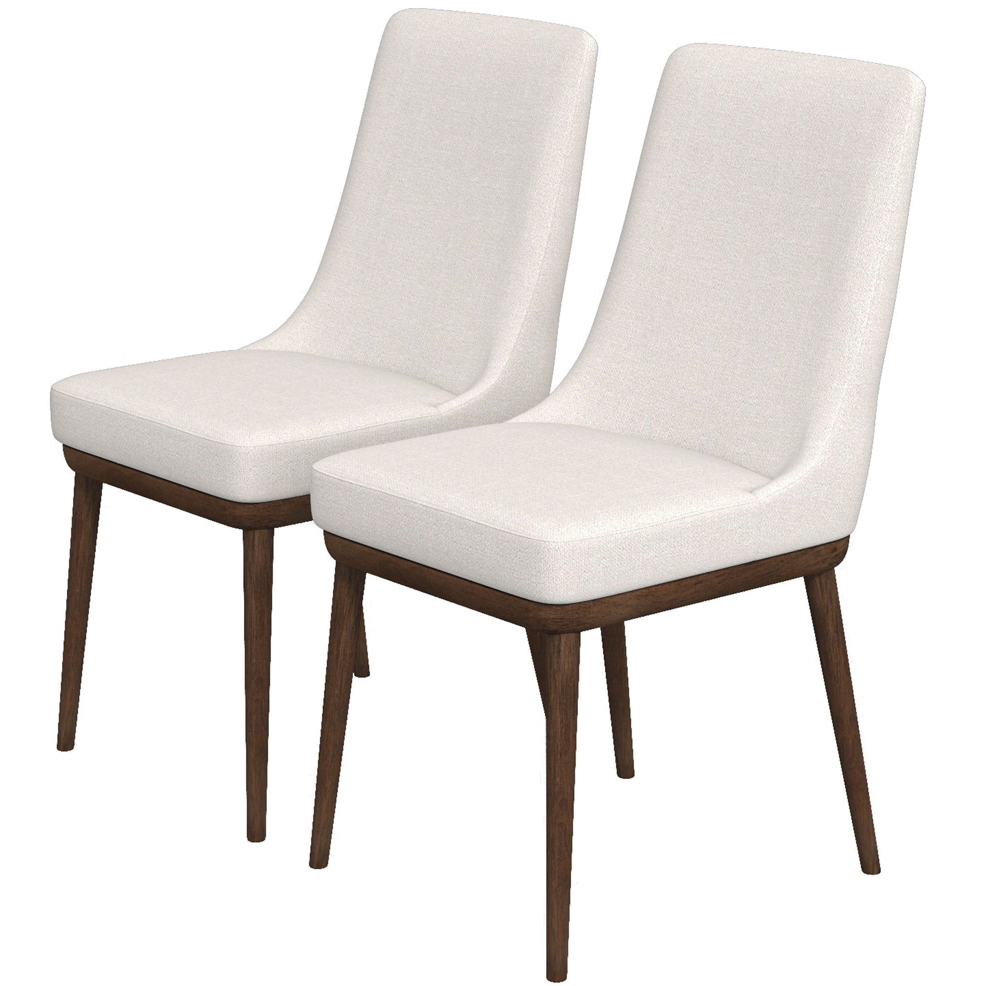 The Kate Mid-Century Modern Dining Chair set features two chairs with white upholstered seats and backs, plus dark brown wooden legs and frames, arranged side by side.