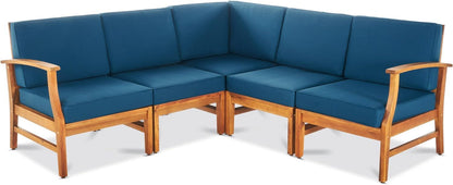 The Perla - 5 Pieces Sofa Set is an L-shaped sectional with a wooden frame, blue seat and back cushions, and armrests at each end.