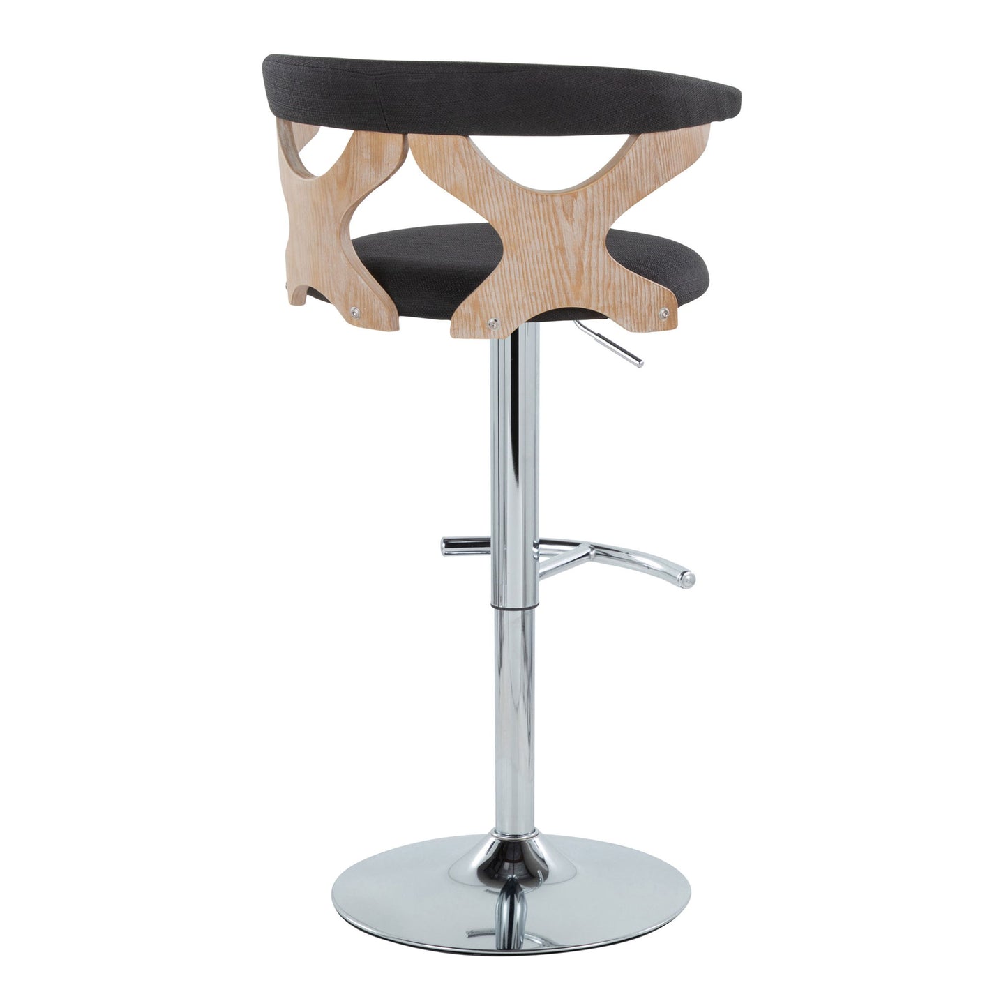 The Gardenia Contemporary Adjustable Barstool (Set of 2) features a round chrome base, swivel function, adjustable stem, rounded T footrest, black cushioned seat, and a curved wooden backrest with geometric cut-out patterns.