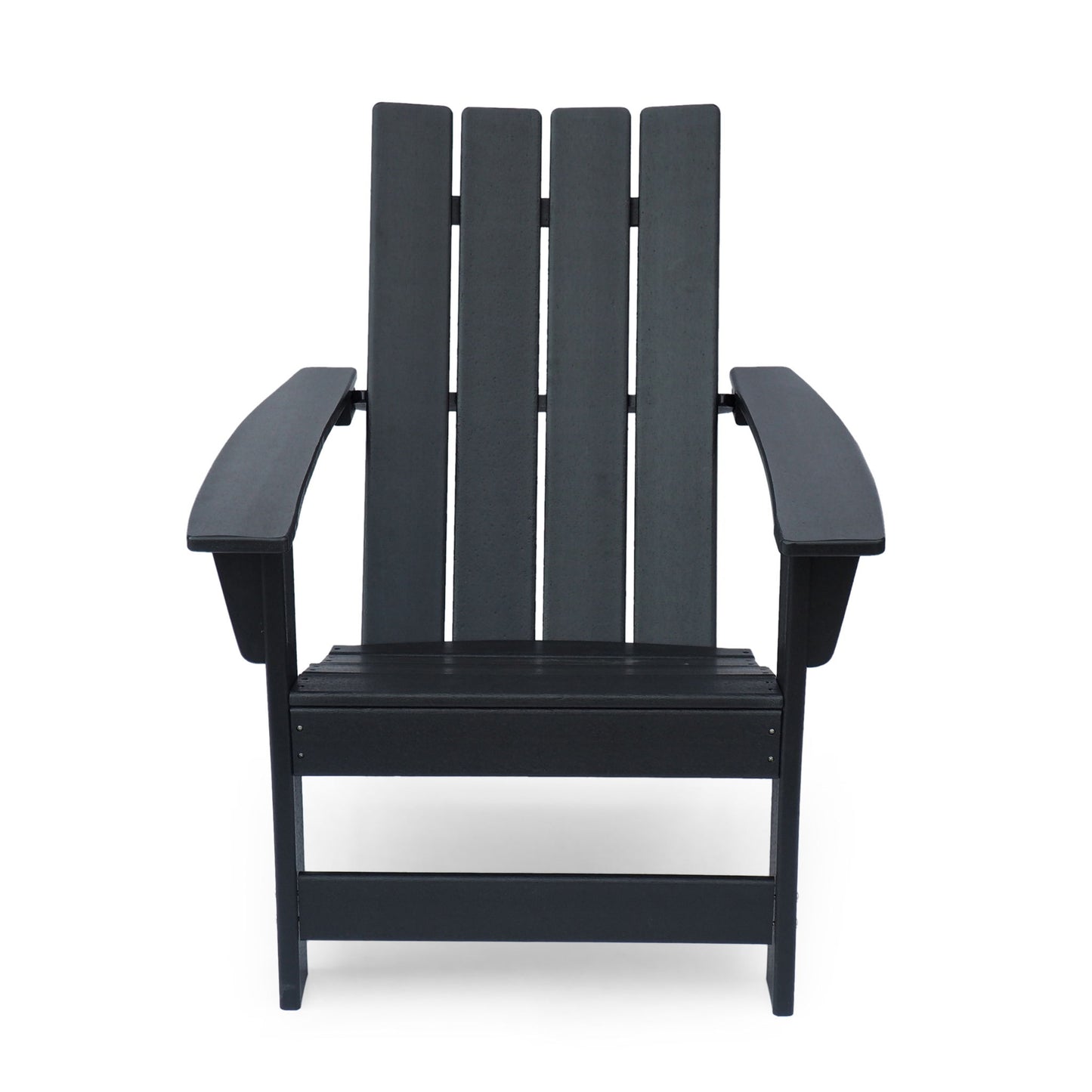 A front view of the Enigmara Outdoor High Density Resin Adirondack Chair in black, featuring wide armrests, a slatted back, and a slightly reclined seat, set against a white background.