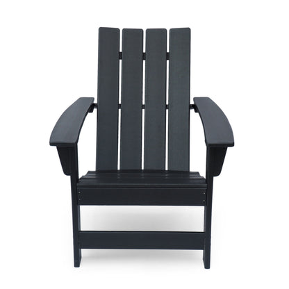 A front view of the Enigmara Outdoor High Density Resin Adirondack Chair in black, featuring wide armrests, a slatted back, and a slightly reclined seat, set against a white background.
