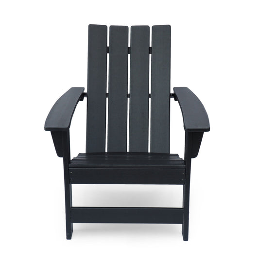 A front view of the Enigmara Outdoor High Density Resin Adirondack Chair in black, featuring wide armrests, a slatted back, and a slightly reclined seat, set against a white background.
