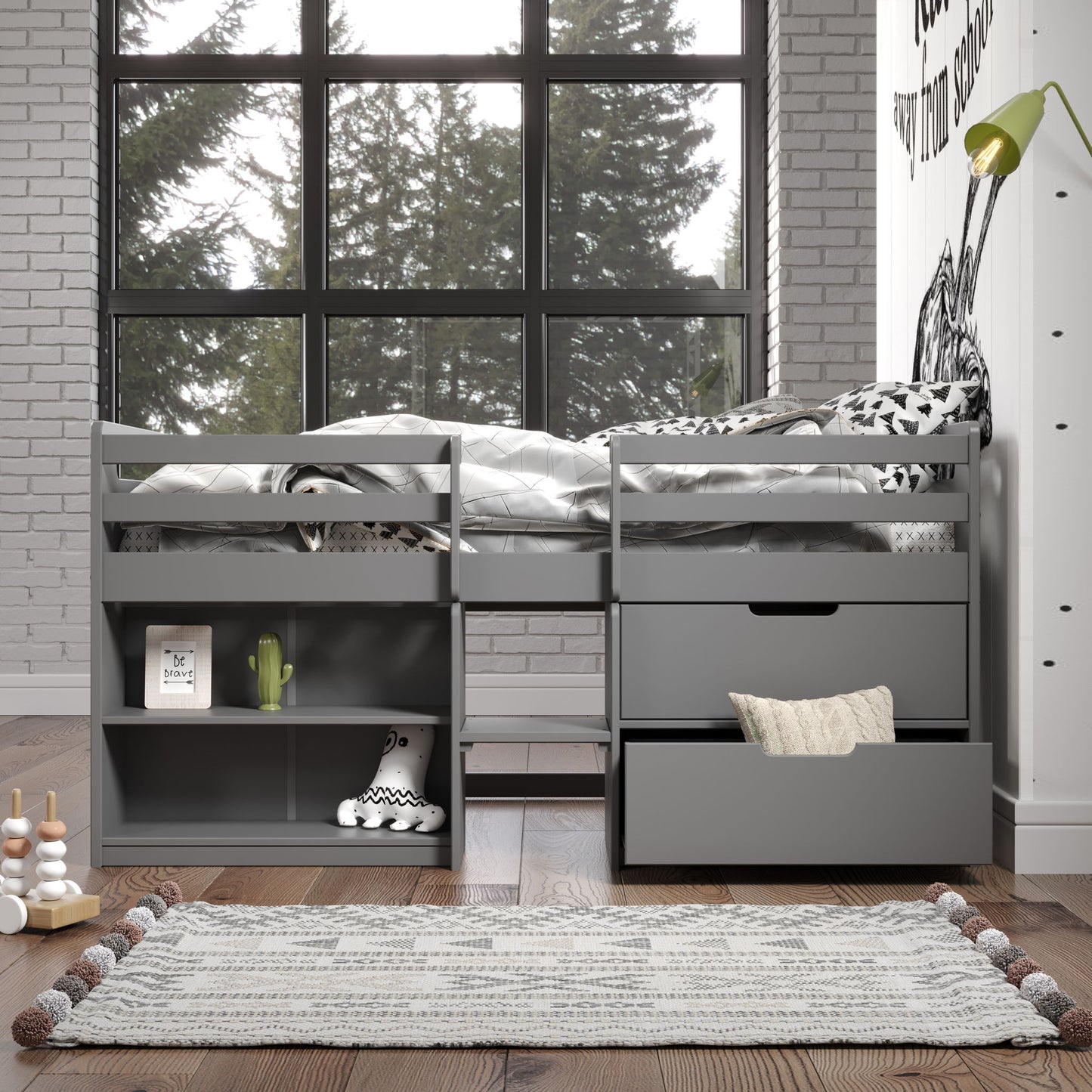 The Fabiana Twin Loft Bed With Storage in gray features built-in shelves and drawers, arranged in a bright room with a large window, wood floor, and patterned rug. Toys, books, and decor are neatly displayed on the shelves.