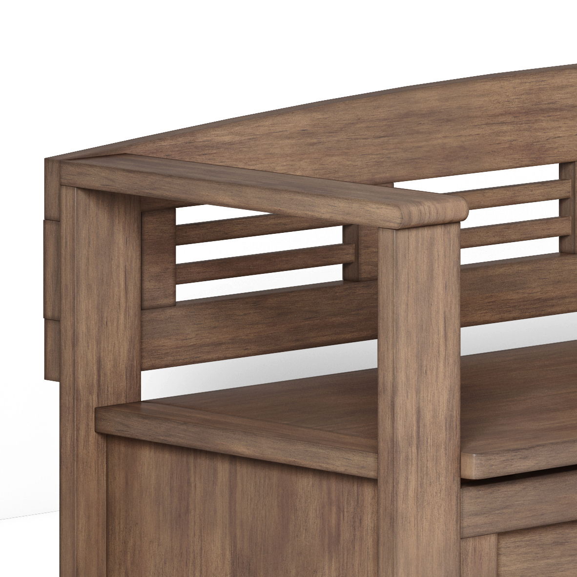 Close-up of the Adams Entryway Storage Bench in Rustic Natural Aged Brown, featuring a curved backrest and armrest with horizontal slats and a smooth wood grain finish. The design is simple and modern.