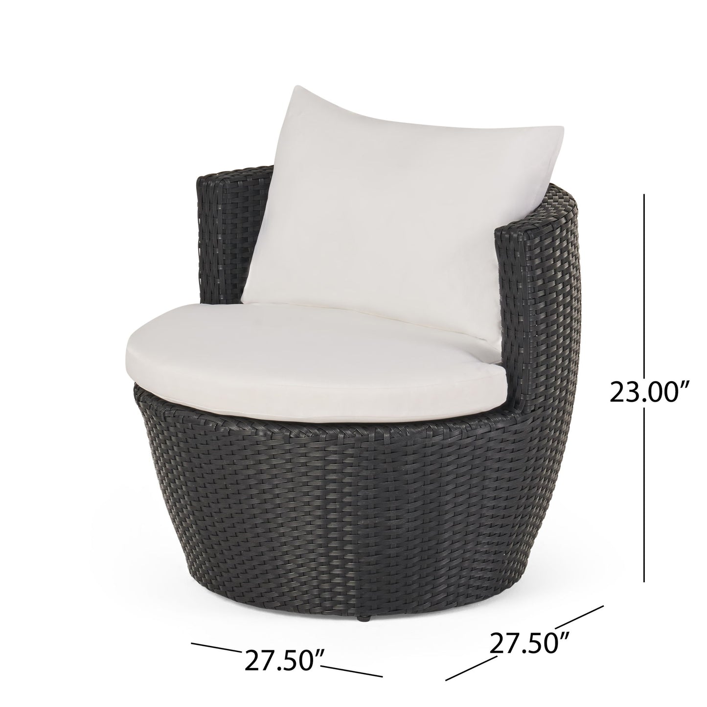 The Kono - Chat Set Outdoor Furniture features a round black wicker chair with a curved back, white seat cushion, and white back pillow. Dimensions: 23"H x 27.5"W x 27.5"D.