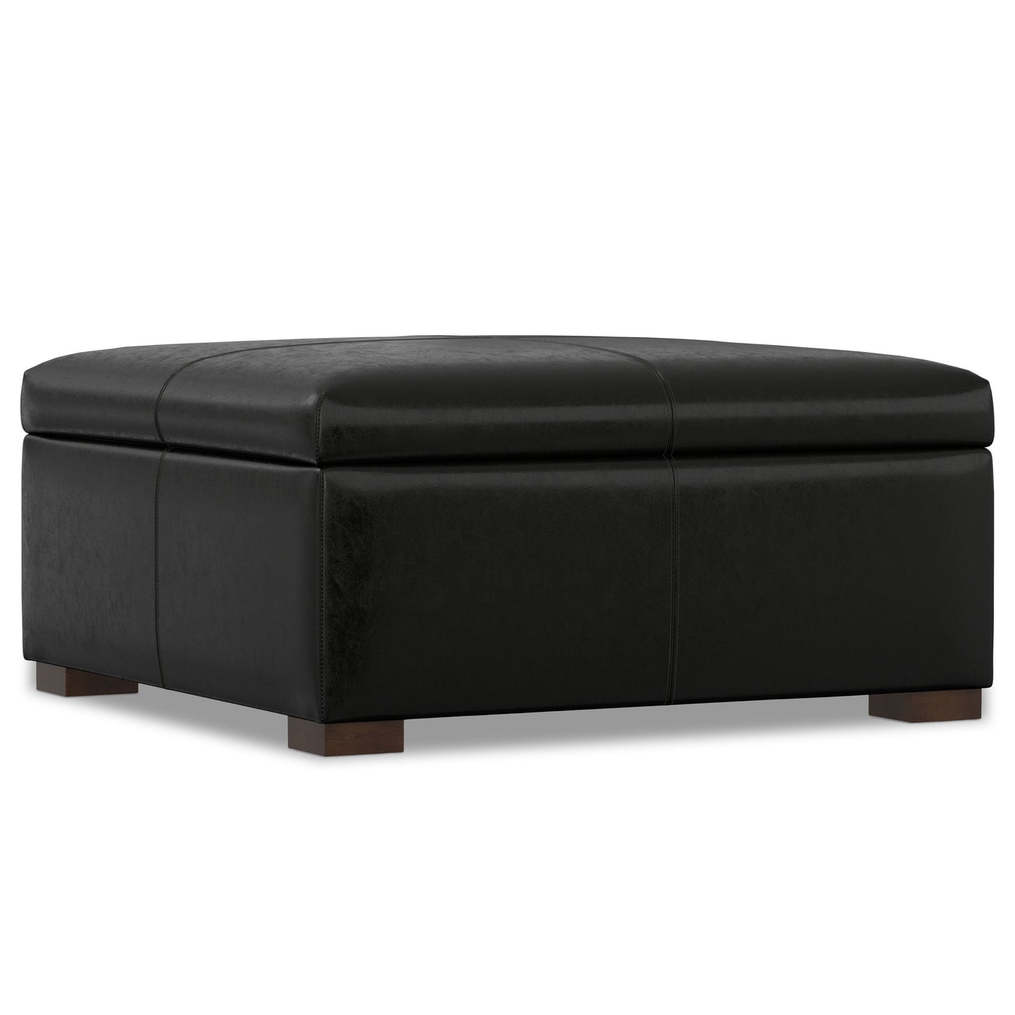 The Gabbie - Coffee Table Upholstered Storage Ottoman is a large, square black leather piece with subtle stitching and short wooden block feet, shown on a white background.