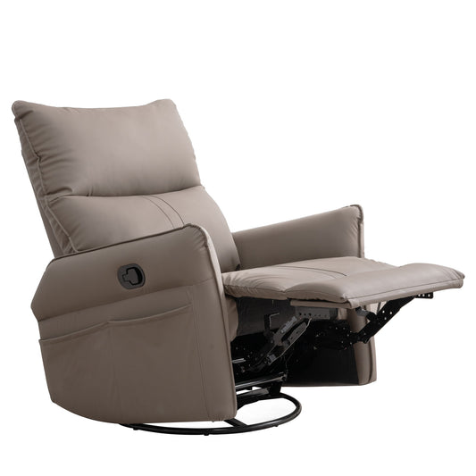 The 360° Modern Small Rocking Swivel Recliner Chair With Side Pocket features padded cushions, an extended footrest, a manual recline lever, and is displayed in beige angled left on a white background.