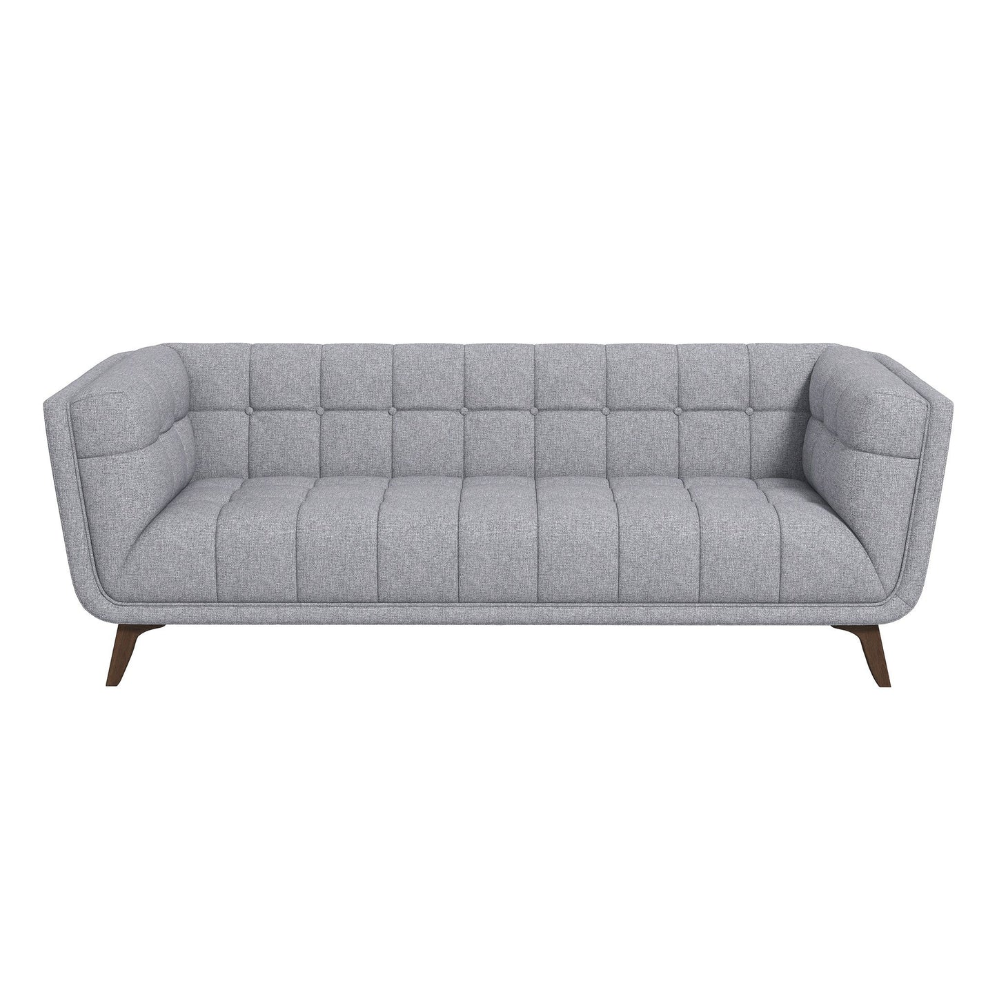 The Addison Mid-Century Modern Tufted Sofa features gray fabric, angled armrests, wooden legs, and tufted cushions, shown from the front on a white background.