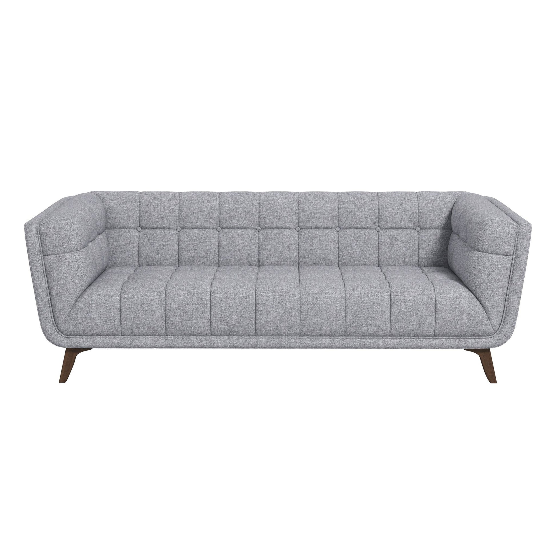The Addison Mid-Century Modern Tufted Sofa features gray fabric, angled armrests, wooden legs, and tufted cushions, shown from the front on a white background.