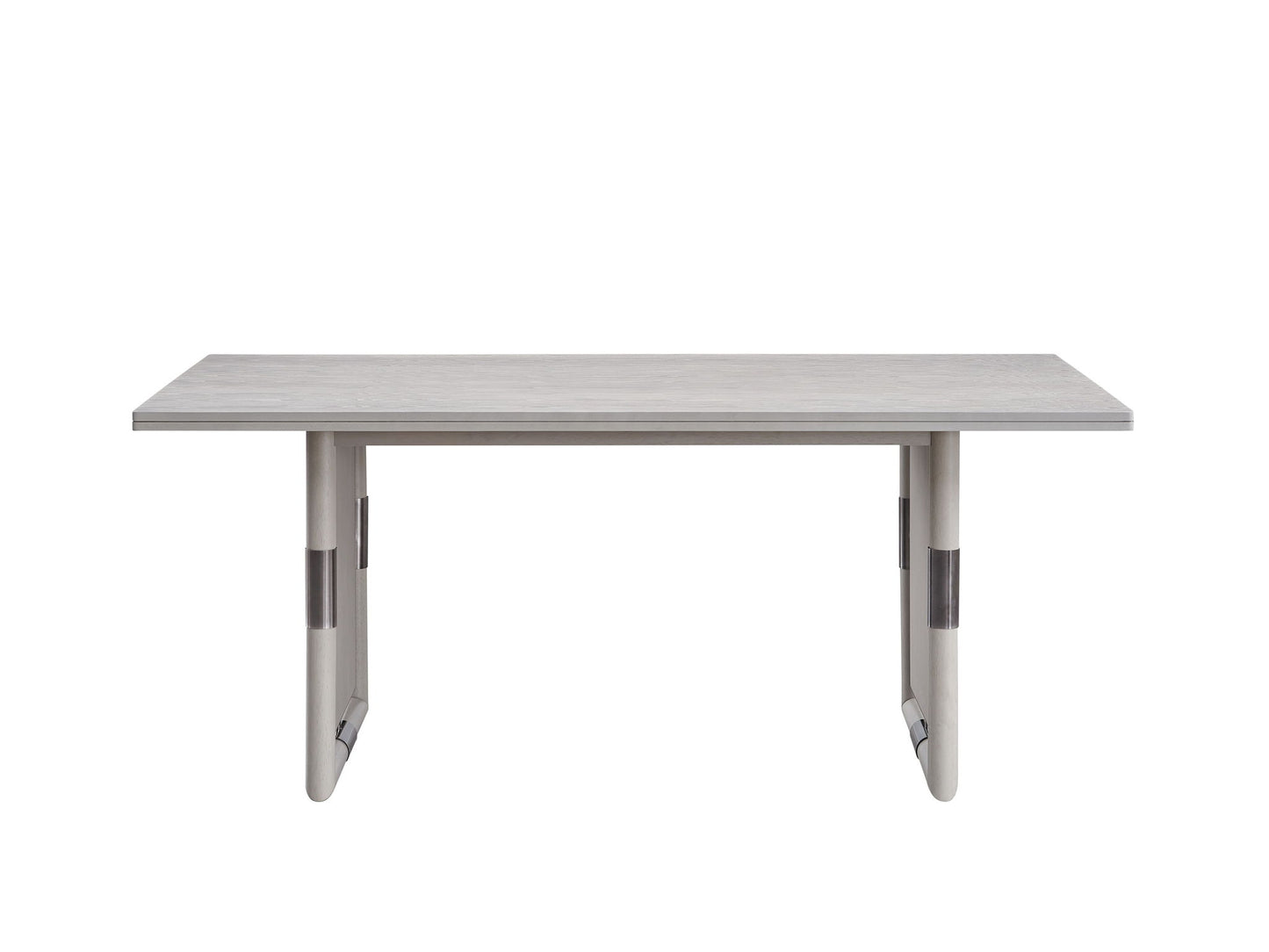 The Marta Dining Table in a natural finish features a modern rectangular wooden design with two wide legs accented in black and a smooth, flat top, shown against a plain white background.