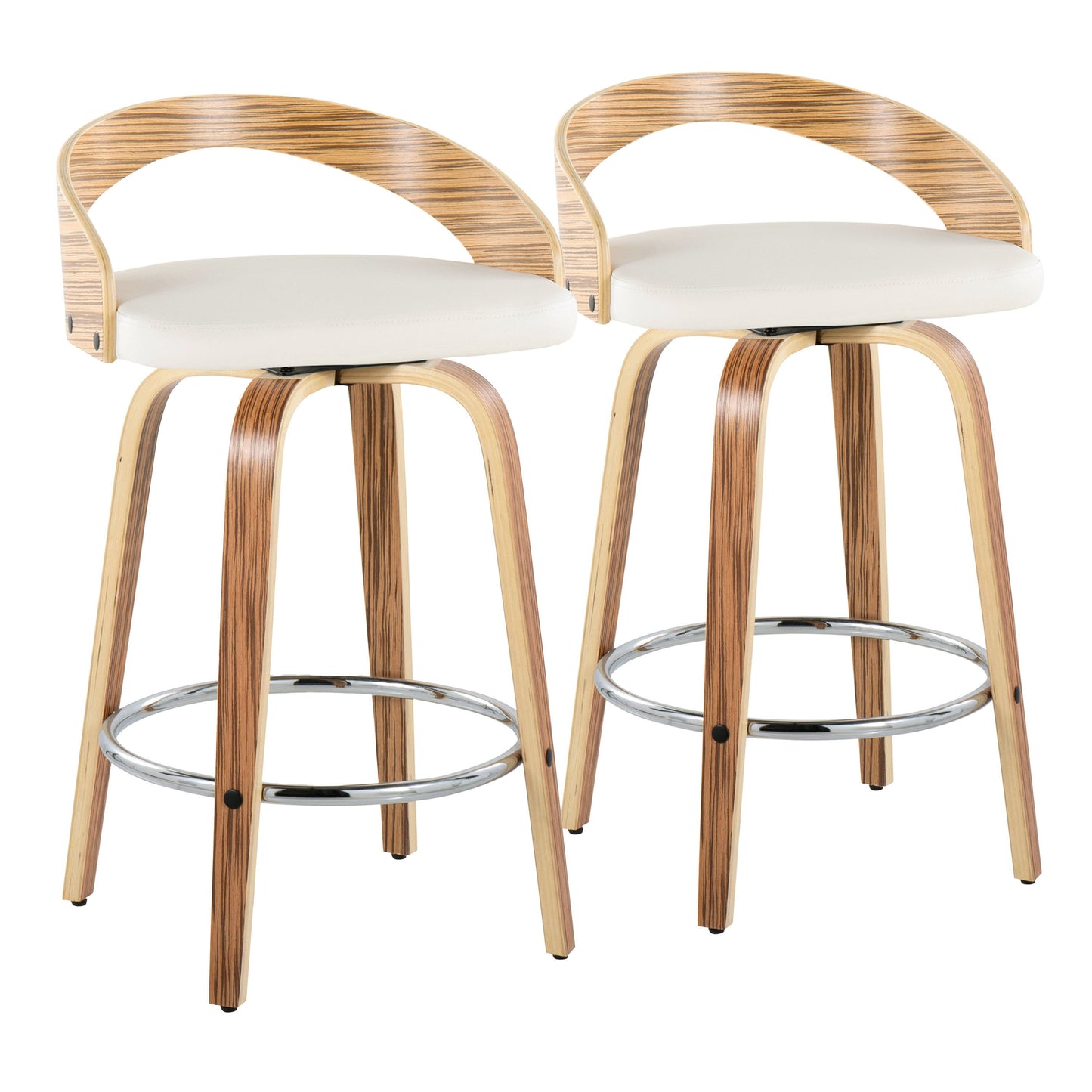 Set of 2 Grotto bar stools featuring light wood frames and white cushioned seats, each with a curved backrest. These mid-century modern stools have swivel capabilities and include a round metal footrest, blending natural wood with contemporary design elements.