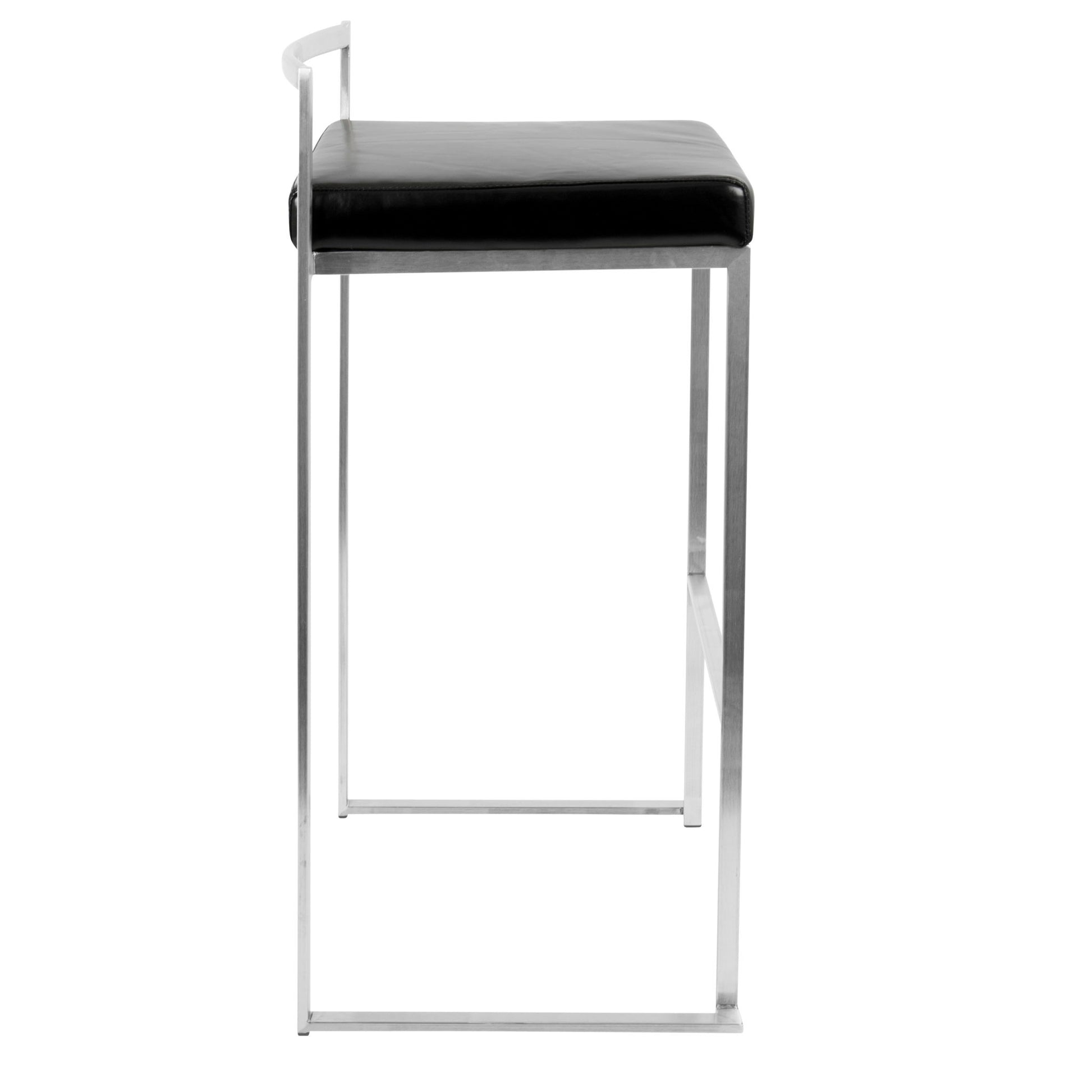 The Fuji - Contemporary Stackable Design Barstool features a thin metal frame and black cushioned seat, shown in a side view against a white background.