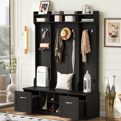 5 In 1 Entryway Bench With Coat Rack, 7 Sturdy Hooks, 2 Spacious Drawers And Adjustable Shelves