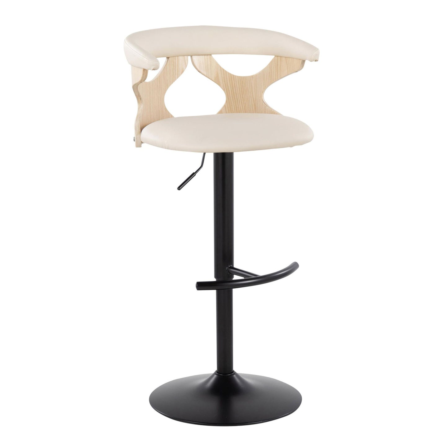 The Gardenia Contemporary Adjustable Barstool (Set of 2) features a light wood and cream curved backrest, cream cushioned seat, black metal pedestal base, swivel function, and a rounded T footrest.