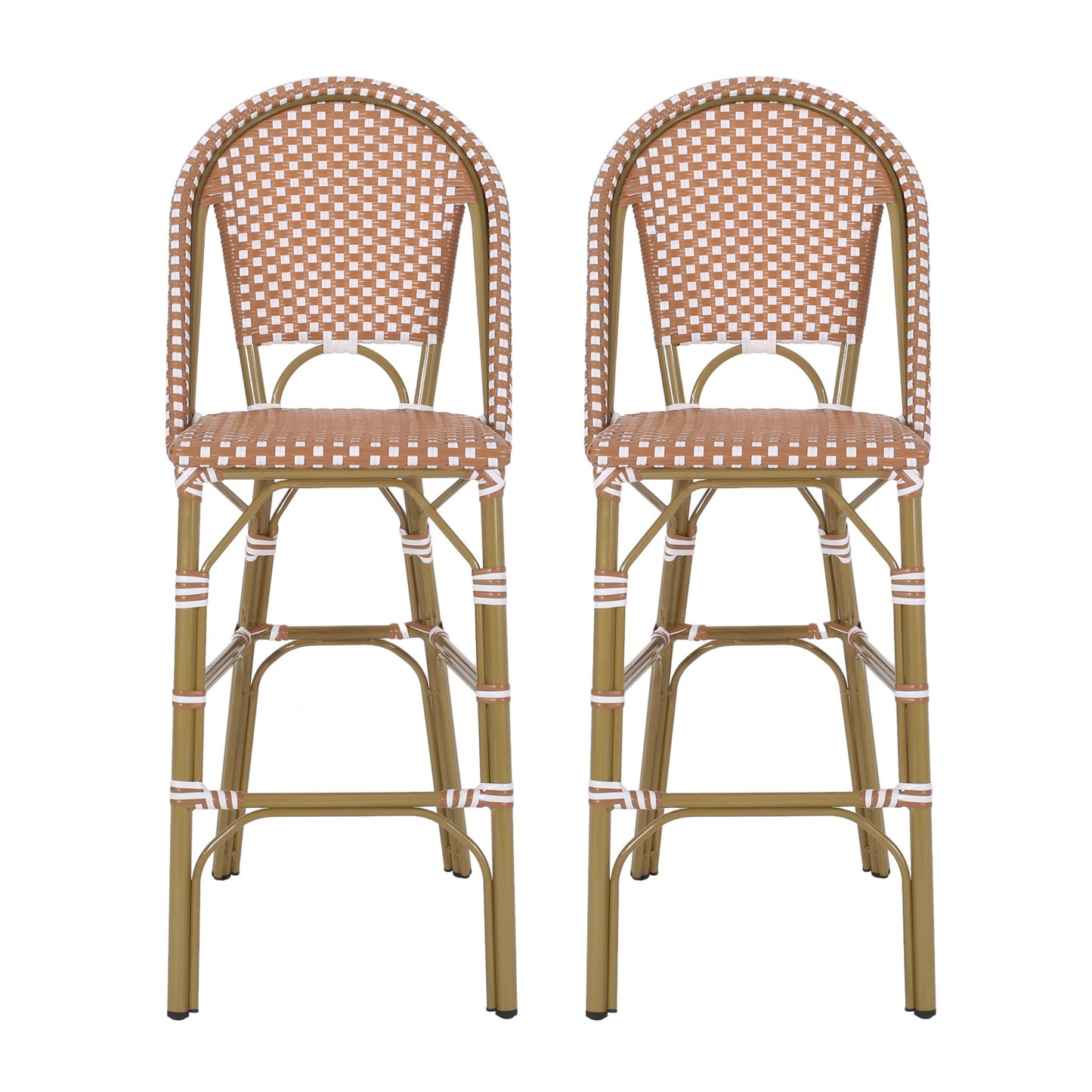 The Outdoor Pe Rattan French Barstool Set includes two tall bar stools with brown and white checkered woven seats and backs, light brown curved legs, footrests, and a classic bistro-inspired design.