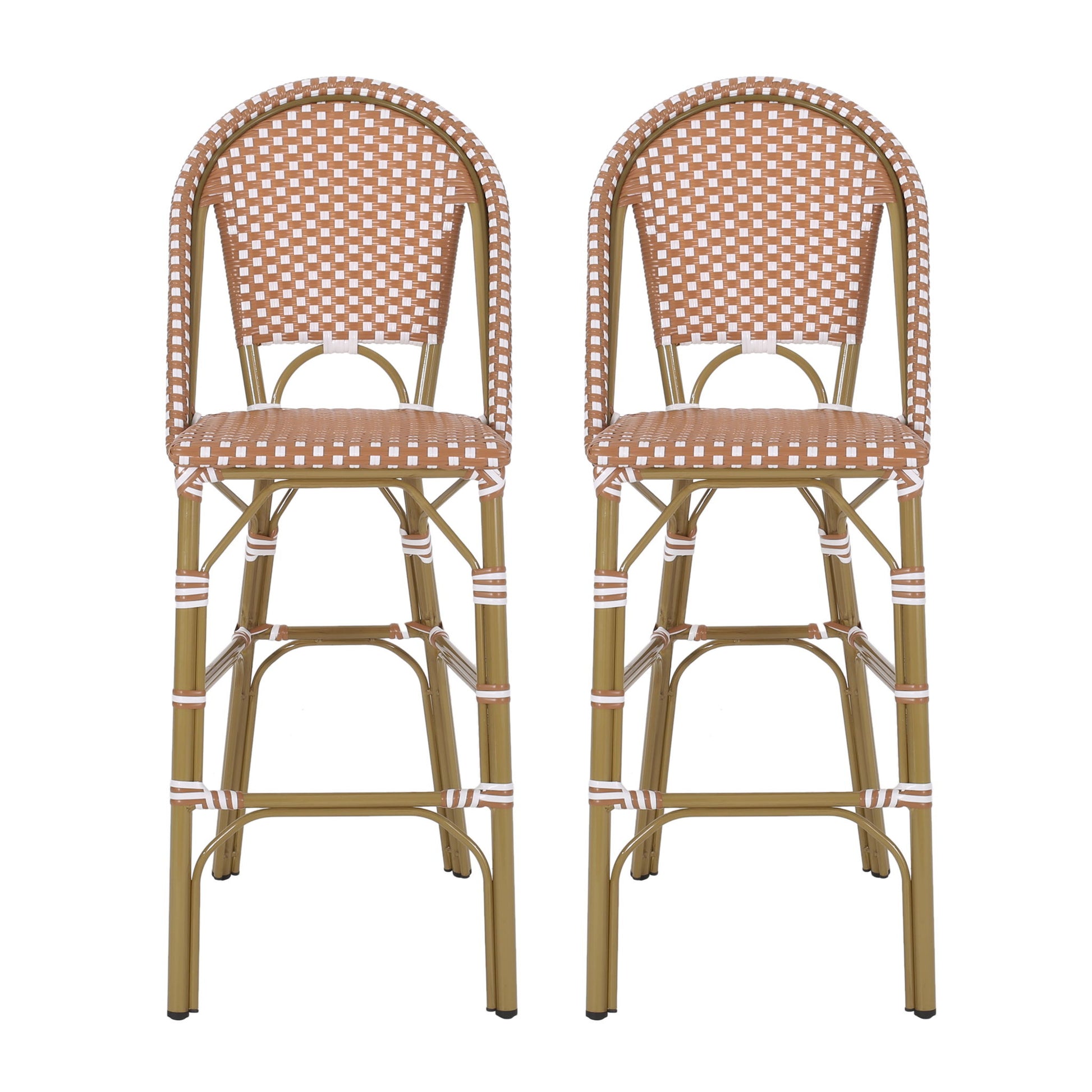 The Outdoor Pe Rattan French Barstool Set includes two tall bar stools with brown and white checkered woven seats and backs, light brown curved legs, footrests, and a classic bistro-inspired design.