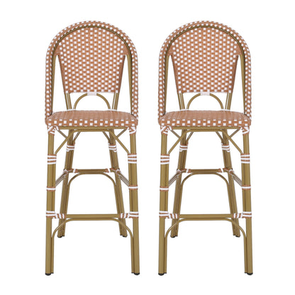 The Outdoor Pe Rattan French Barstool Set includes two tall bar stools with brown and white checkered woven seats and backs, light brown curved legs, footrests, and a classic bistro-inspired design.