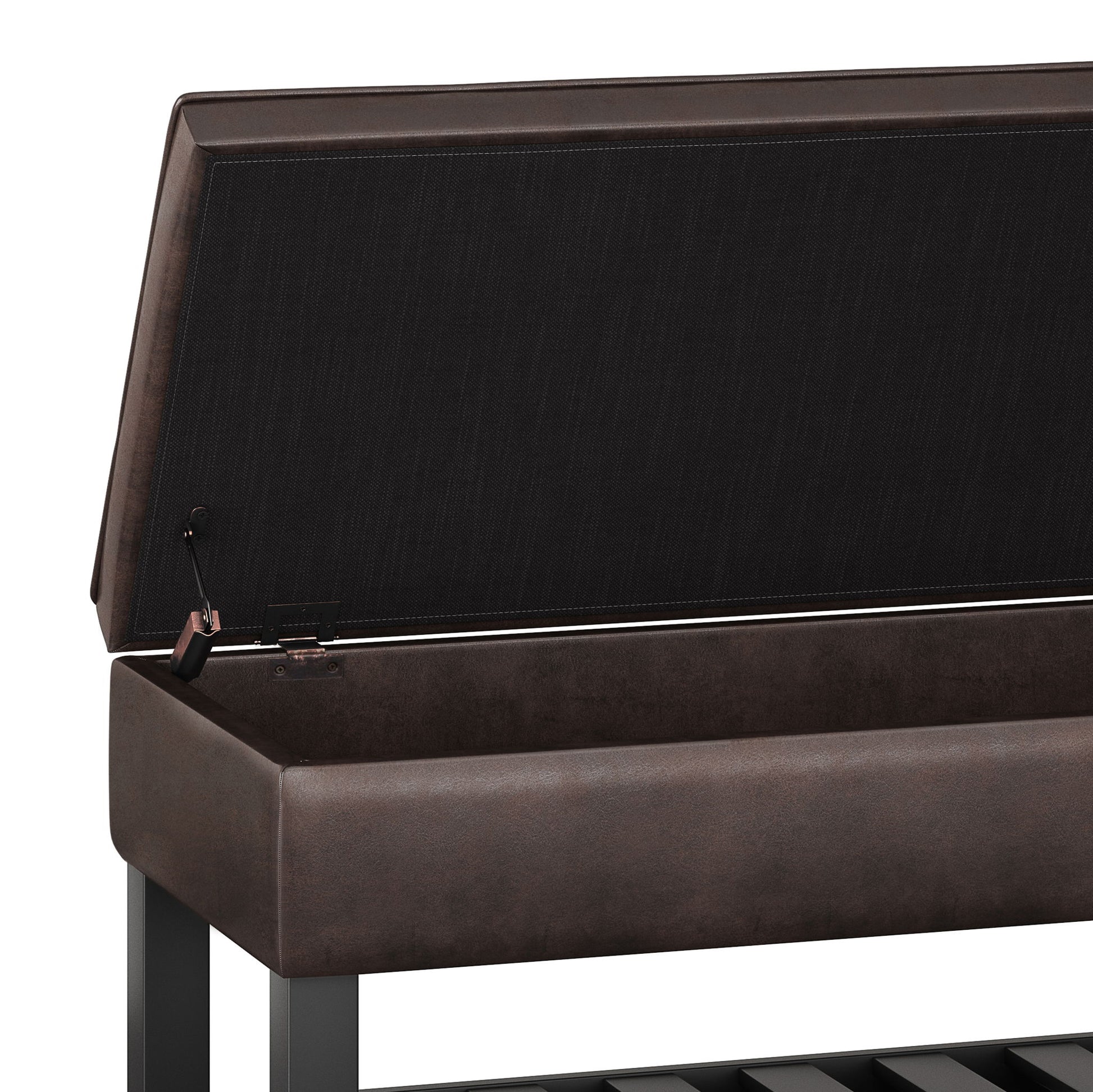 A close-up of the Cosmopolitan Storage Ottoman Bench with its lid open, showing an empty compartment. The bench features a brown cushion, dark metal frame, and a lower slatted open bottom shelf.