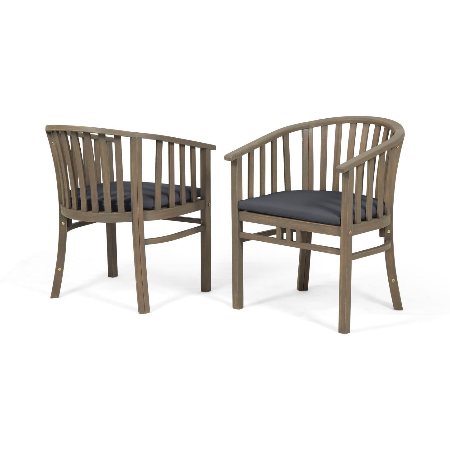 Set of 2 Outdoor Wooden Dining Chairs with curved backs, vertical slats, and dark cushioned seats. The chairs are angled to display both the front and back views.