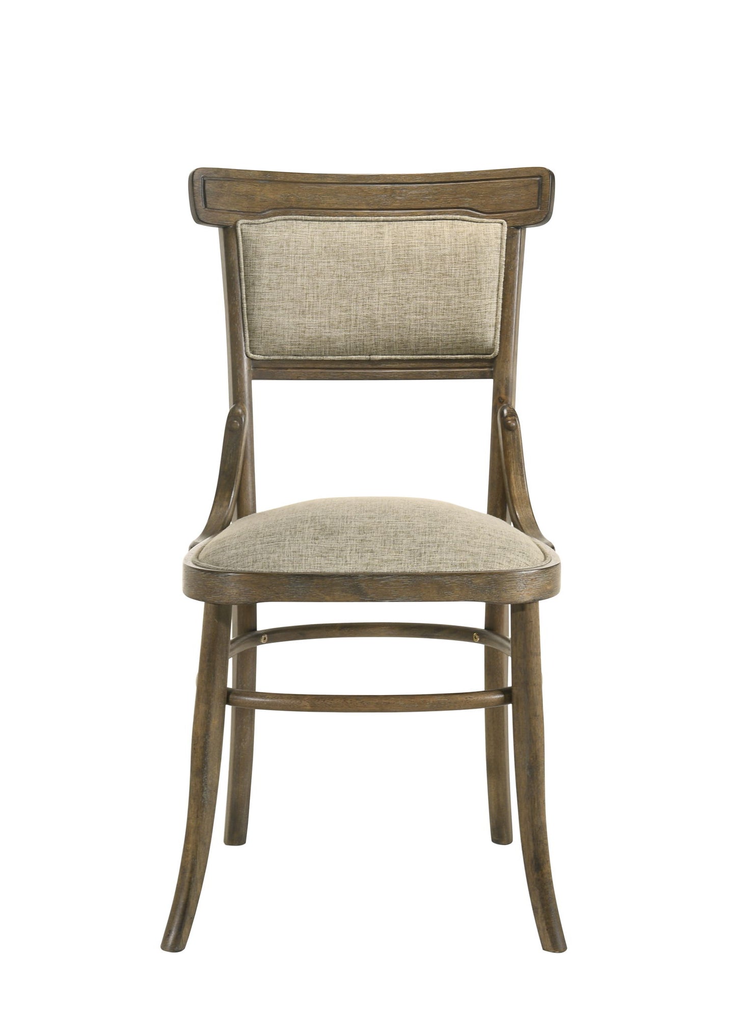 The Bistro - Wide Contemporary Fabric Dining Chair With Cushion (Set of 2) in Vintage Walnut features light beige upholstery, a curved backrest, and tapered legs, shown against a plain white background.