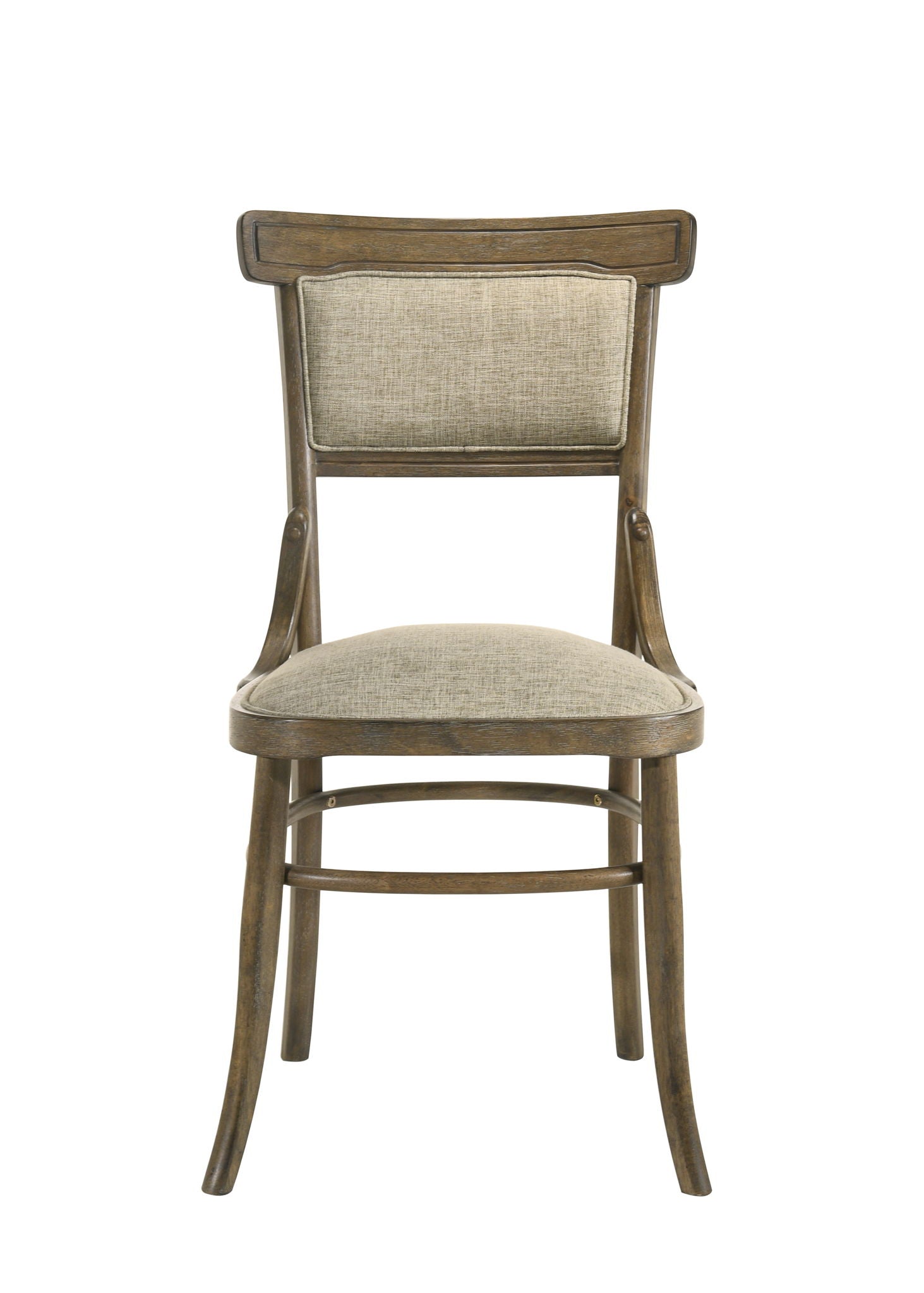 The Bistro - Wide Contemporary Fabric Dining Chair With Cushion (Set of 2) in Vintage Walnut features light beige upholstery, a curved backrest, and tapered legs, shown against a plain white background.