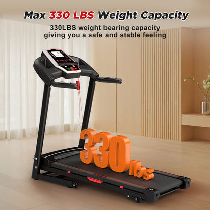 The Folding Treadmills For Home (3.5HP, Black) stands in a modern room with large windows. Bold "330 lbs" is shown on the treadmill, with text above reading "Max 330 LBS Weight Capacity," emphasizing stability and safety for users.