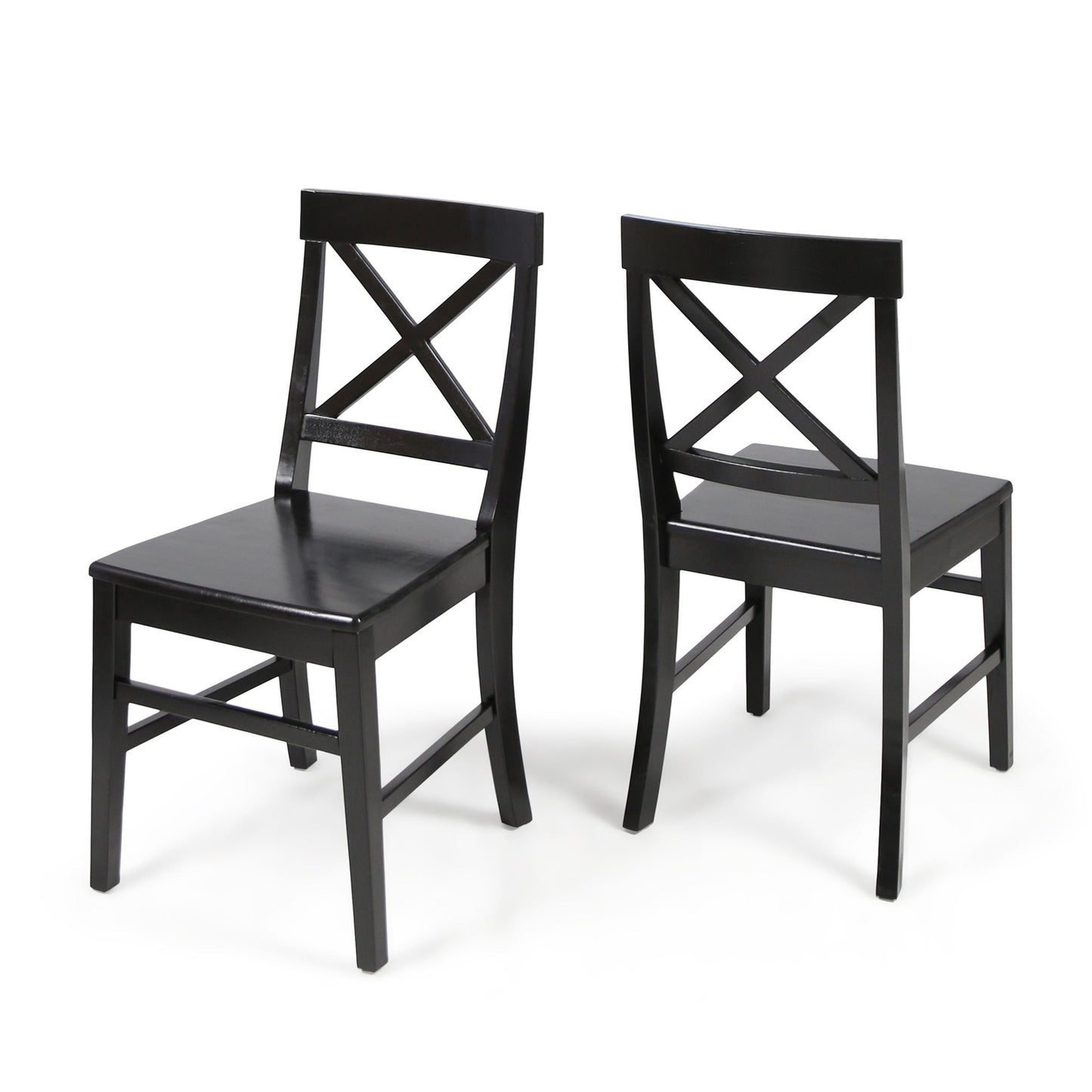 The Plethora Dining Chair With X Shaped Back (Set of 2) includes two black wooden chairs—one front-facing, one showing the back—with X-shaped backrests, straight legs, and flat seats, displayed against a white background.