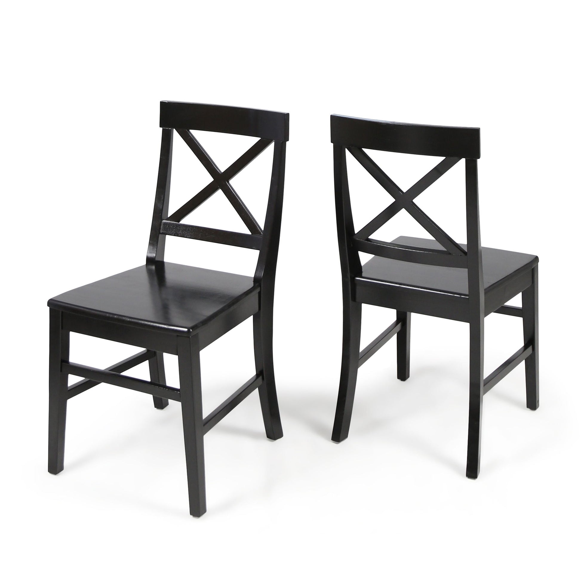 The Plethora Dining Chair With X Shaped Back (Set of 2) includes two black wooden chairs—one front-facing, one showing the back—with X-shaped backrests, straight legs, and flat seats, displayed against a white background.