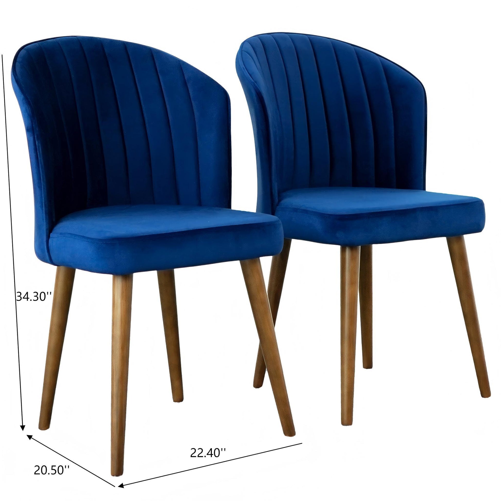 The Parsons - Comfortable Dining Chair (Set of 2) features royal blue velvet upholstery, vertical channel-tufted backrests, and wooden legs. Dimensions: 34.3"H x 22.4"D x 20.5"W.