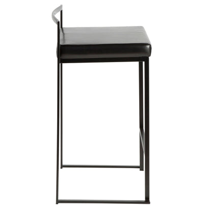 Side view of the Fuji - Contemporary Style Stackable Counter Stool with a slim black metal frame, a square black cushioned seat, and a minimalist backrest.