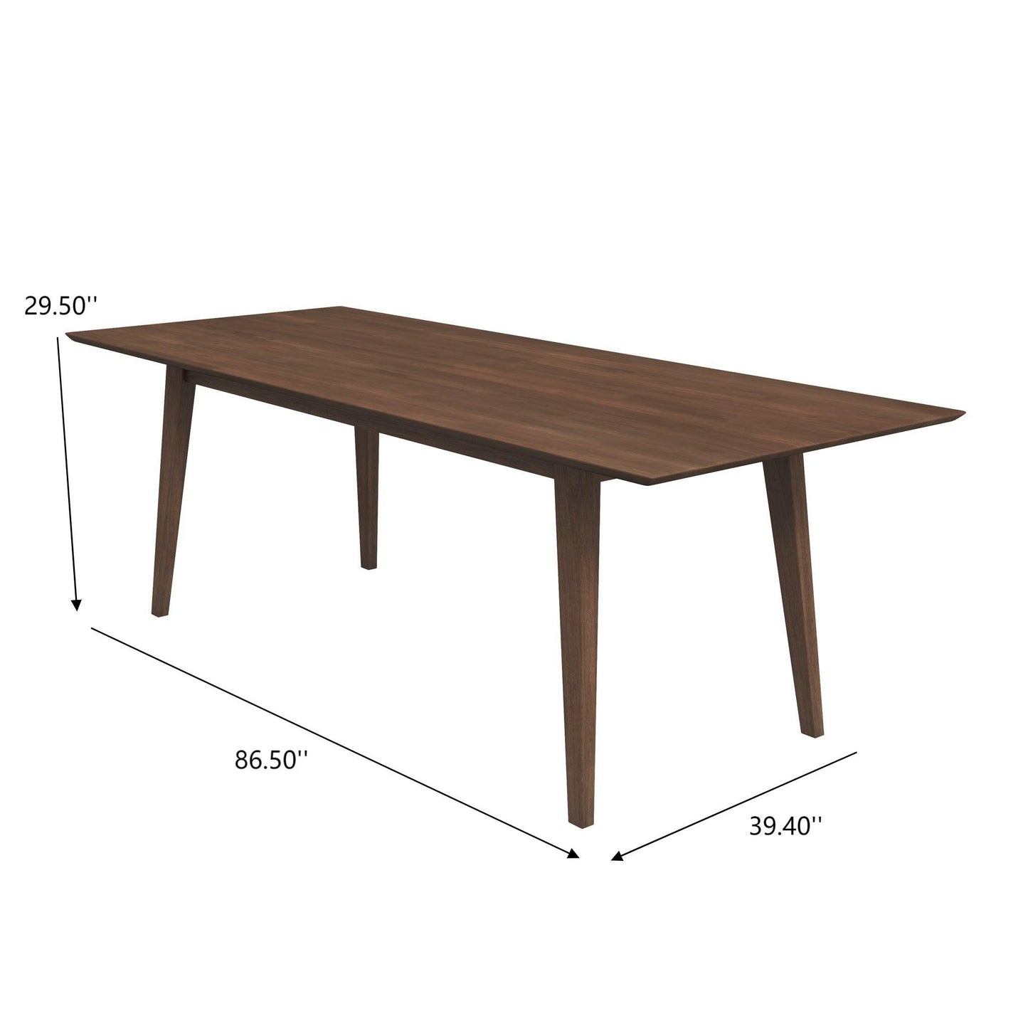 The Levi - Modern Style Rectangular Dining Kitchen Table features four angled legs and measures 86.5" L x 39.4" W x 29.5" H, with dimensions clearly indicated by lines and labels.