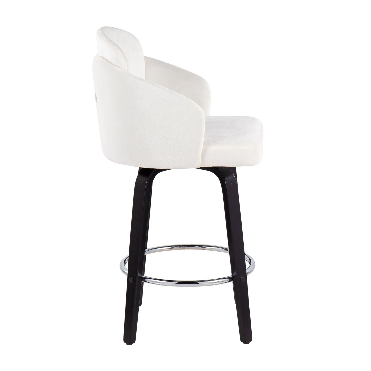The Dahlia - Contemporary Counter Stool (Set of 2) features a white cushioned seat and backrest, dark wood legs, and a round chrome footrest, shown in side view against a white background.
